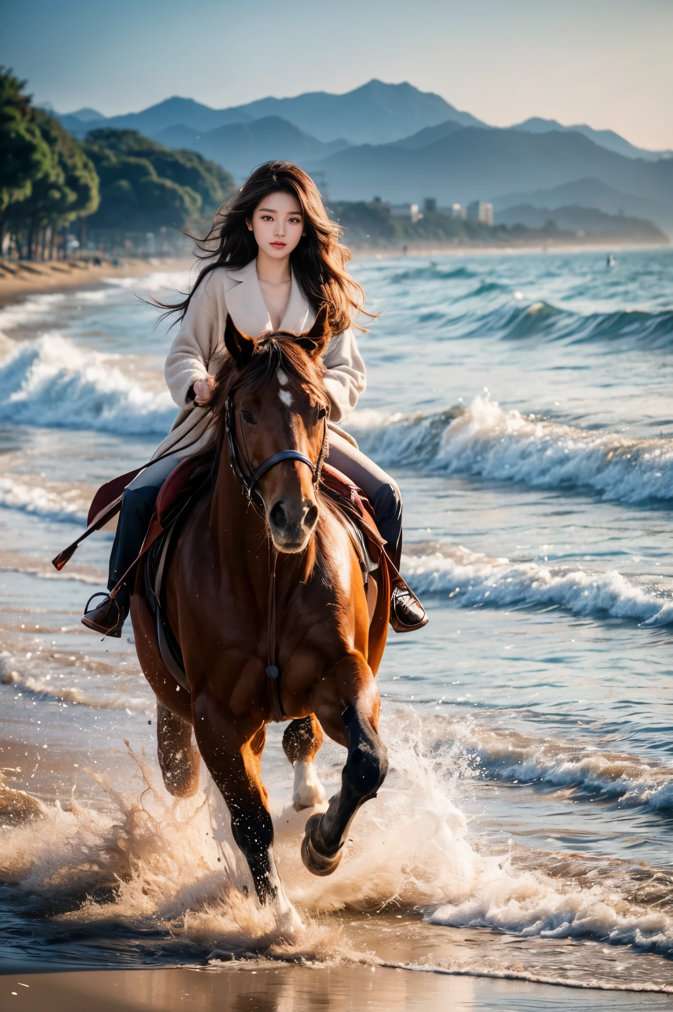 best quality,8k, Detailed facial depictions, Detailed eye description, Brown hair(long wavyhair),beautiful korean girl, 21 years old, slim body, huge breast , was riding a horse on the beach, the horse ran quickly , long exposure