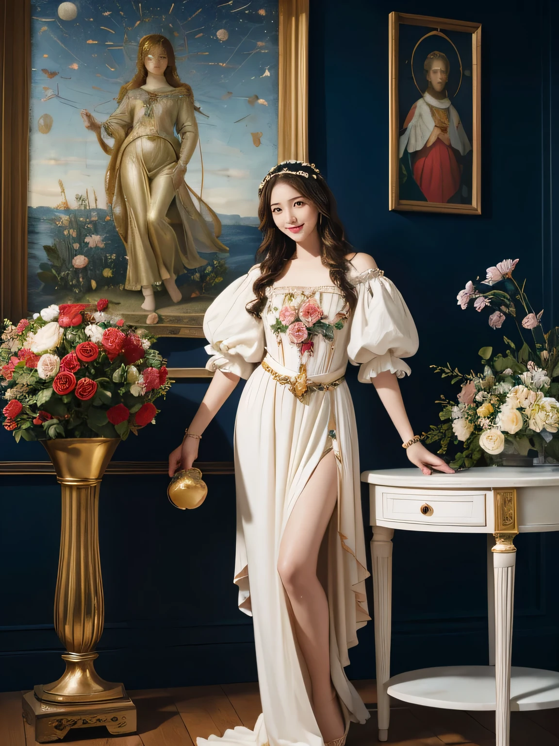 full body portrait or statue、Stained glass、Vigée Leblanc style、math、astronomical machine、astronaut、roses in vase、fruit、Cute trinkets、smile、ancient greek costume、Sandro Botticelli paintings、Costume that stretches your body