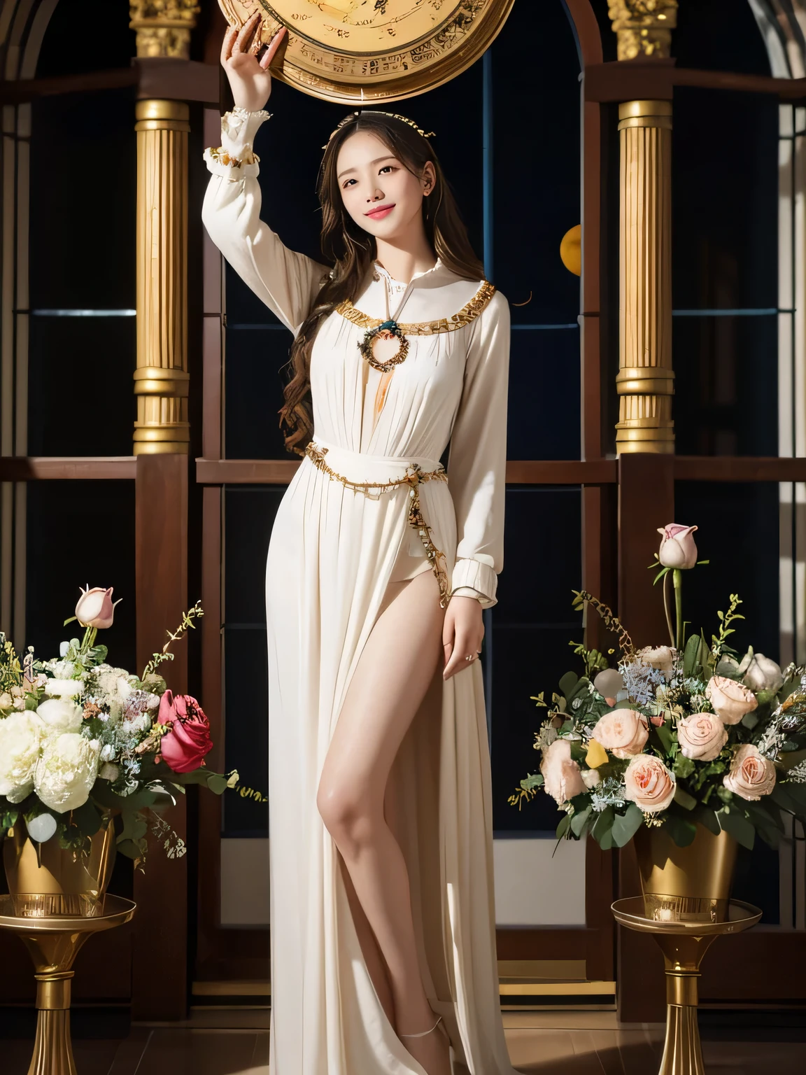 full body portrait or statue、Stained glass、Vigée Leblanc style、math、astronomical machine、astronaut、roses in vase、fruit、Cute trinkets、smile、ancient greek costume、Sandro Botticelli paintings、Costume that stretches your body 