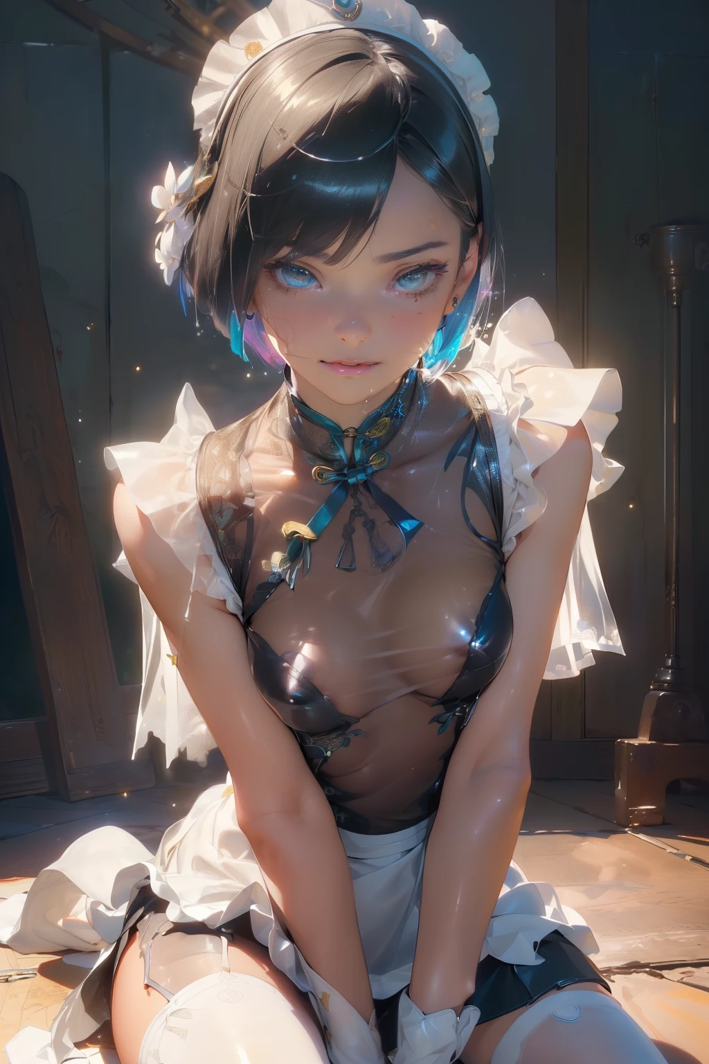 (quality)), ((masterpiece)), Recommended results、puffy nipples、(see through:1.5)、straighten your back、abdominal muscles、huge bust、angle to floor:1.2、low camera angle、Hair loss on crotch,Hatsune Miku,(cyborg girl),maid 1 名女孩)),((charming and beautiful pale nipples 金色的 hair)),(big breasts:1.4),Breast sagging,(((pale nipples 金色的 bob hair:1.35,Colored inner hair,short hair),),((pale nipples ((金色铠甲cheongsam)),((maid mechanical 玩具娃娃:1.5,body:1.5,metal skin,ball joint,cyborg:1)),(((pale nipples_((fat)),(((shiny skin:1.5,bright skin: 1.5,shiny skin,very shiny skin,shining body,plastic glitter skin,exaggerated shiny skin,glowing skin,wet legs))),(lower abdomen,Yao Liu,wide hips,detailed body,(Detailed face)),charming,Tempting,,((national foundation)),(maid headdress),only_Shoulder,Delicate metal decoration,hat,(maid),sleeveless,mini skirt,boots,art photography,(Photos taken by sldr),high resolution, sharp focus,(super detailed, Very detailed), (realistic artwork:1.37),(Very detailed CG unity 8k wallpaper),,(((bright colors))),complicated,(complicated background),(masterpiece),(最好的quality),Perfect face,Perfect facial details,realistic face,lifelike,analog style,((complicated detail)),(((realism))),金色short hair,cheongsam