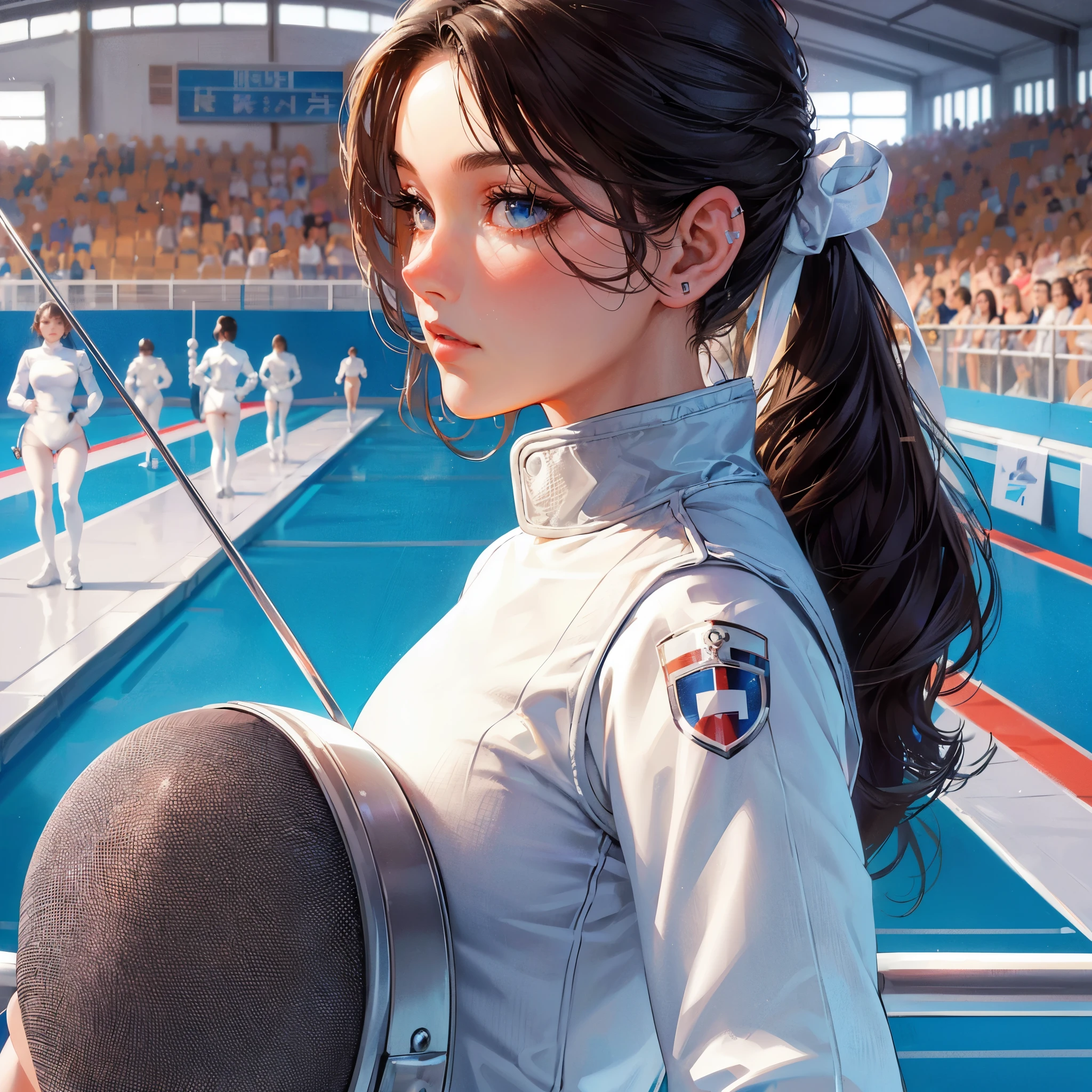 high quality,HD,16k,sharp lines,1 girl,Female fencing athlete ,cute face, medium breasts, nice legs,At the fencing venue,focus girl,detailed beautiful face,detailed clothes,beautiful eyes,cool,dynamic angle