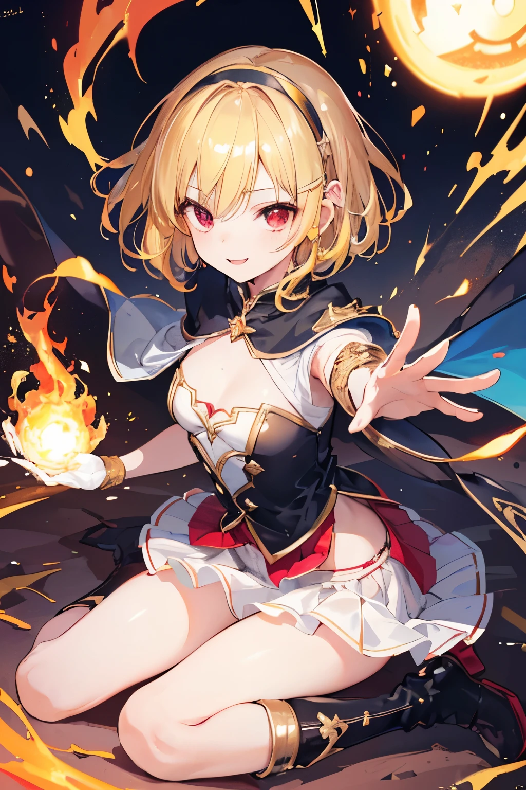 (((1girl))), ((best quality)), ((masterpiece)), ((ultra-detailed)), (illustration), (detailed light), (an extremely delicate and beautiful), (beautiful detailed eyes), (sunlight), ((extremely light)), ((extremely clothes)), (((hyper detail))),(((((front lighting))))),(((((front light))))),
((((quite adorable Wizard's uniform with a brief skirt and magical hairband)))), (((Expert Warock))),
,
(((wavy short manish bob))), ((((yellow gold hair)))), (((short hair))),
(((dark red eyes))),
((((whole body)))), aged 5 to 8, ((((())))), ((((very adorable young girl)))),
((condescending expression)), ((mischievous smile with sexual satisfaction)), (((extra adorable))), (((((extra slender shape))))),
(((((extremely beautiful detailed face))))),
(((dynamically attacking enemies by a spell of Fire balls))), (((elegant magic boots))),
(Dutch angle), (((elegant magic gloves))), ((transparent magical underskirt)), (a little bit exposed adorable magical panties)