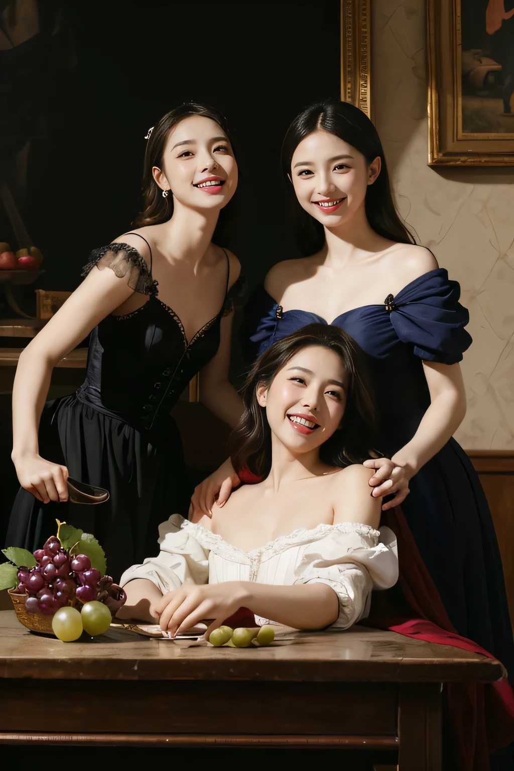 full body portrait ,fruits,grapes,rosa,antique,laughter,,sweet and enchanting appearance.、caravaggioの絵画、caravaggio'chiaroscuro,Two women having fun,cute smile, expression of ecstasy