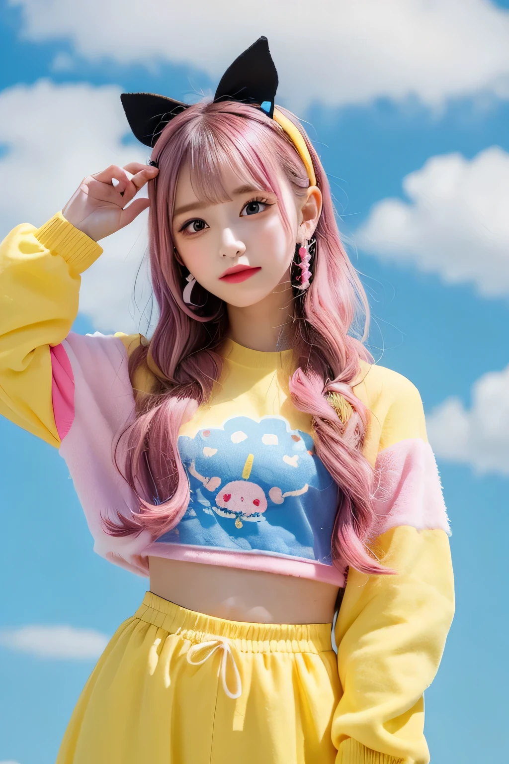 "cute, cute, adorable girl in pink, yellow, and baby blue color scheme. Wear sky-themed clothing with clouds and sky motifs. her costume is fluffy and soft, Decora accessories such as hair clips are also included.. She embodies the vibrant and trendy Harajuku fashion style."