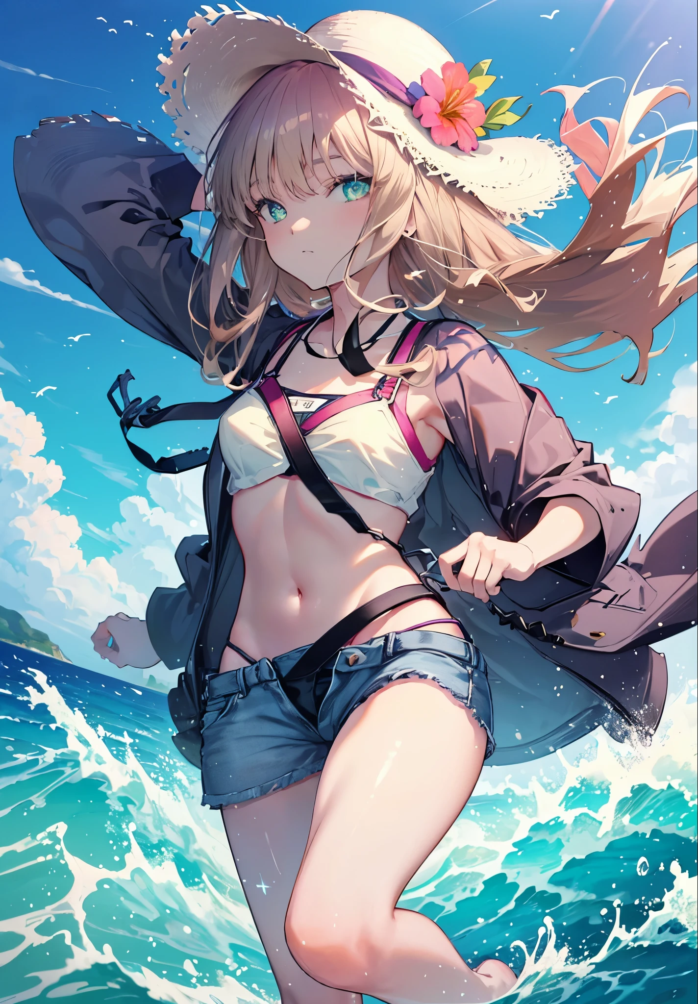 8k,highest quality,masterpiece,(software), masterpiece, highest quality, High resolution64k, professional artwork, famous works of art, clean, cinematic lighting, beautiful eyes + be familiar with, beautiful hair + be familiar with,Southern dream bud,Southern dream bud sss dynazenon ,brown hair,green ruby eyes,big straw hat,hibiscus hair ornament,blue bikini swimsuit,A thin floral pattern cloth is wrapped around the waist..,barefoot,sandy beach,seaside,ビーチのsandy beachを散歩しながら、brown hair fluttering in the breeze, (masterpiece:1.2), highest quality, High resolution, unity 8k wallpaper, (shape:0.8), (beautiful and be familiar with eyes:1.6), 非常にbe familiar withな顔, perfect lighting, Very be familiar with CG, (perfect hands, perfect anatomy),