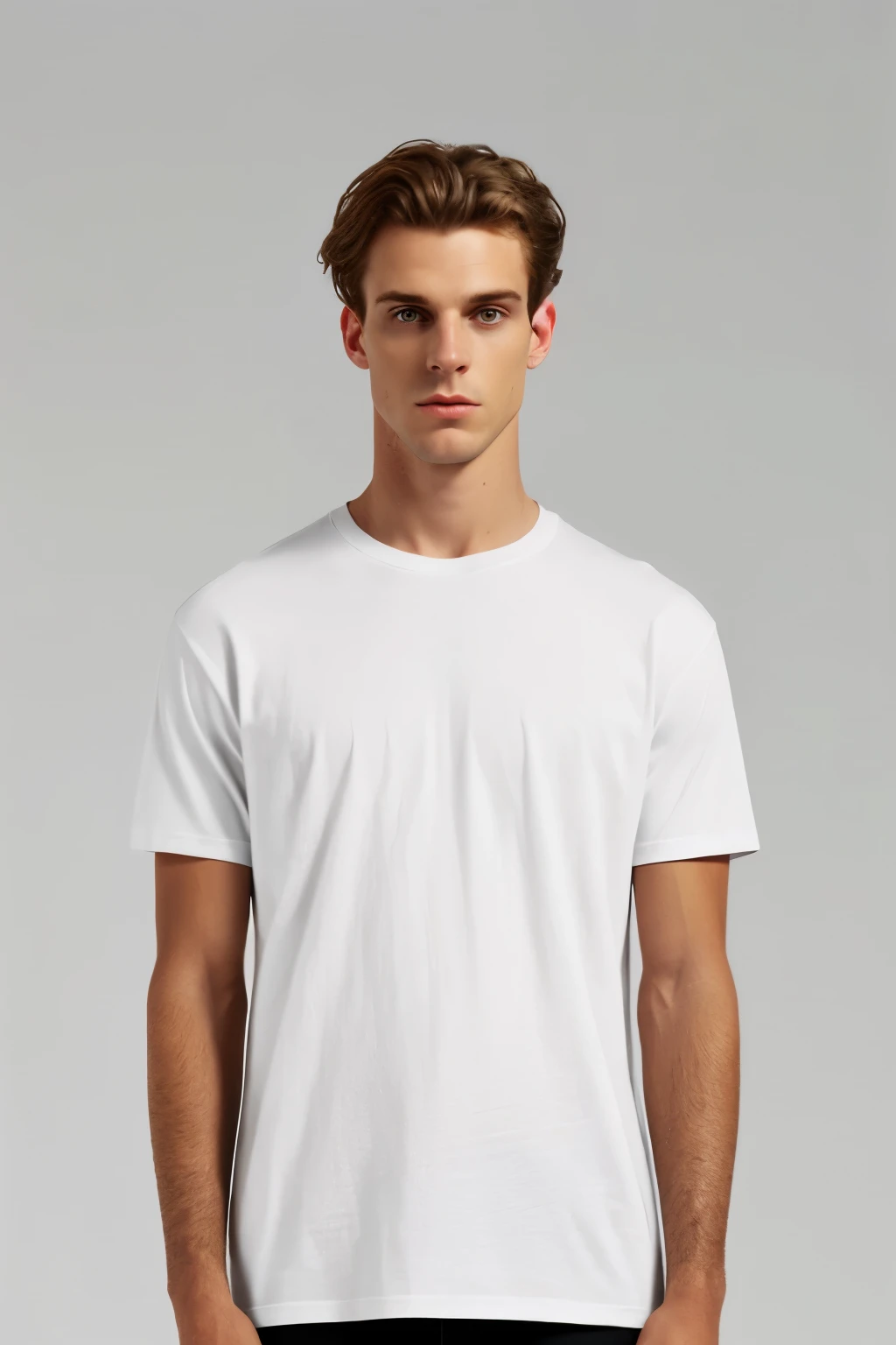 "Generate a professional realistic flat front view T-shirt mockup for a clothing brand. The white T-shirt should have a realistic cotton fabric texture, lying flat on a simple and uniform background. Ensure a oversized fit (not skinny), exclude human elements, and emphasize a clean and realistic design. Provide a single T-shirt in the preview, not multiple shirts, darker background 