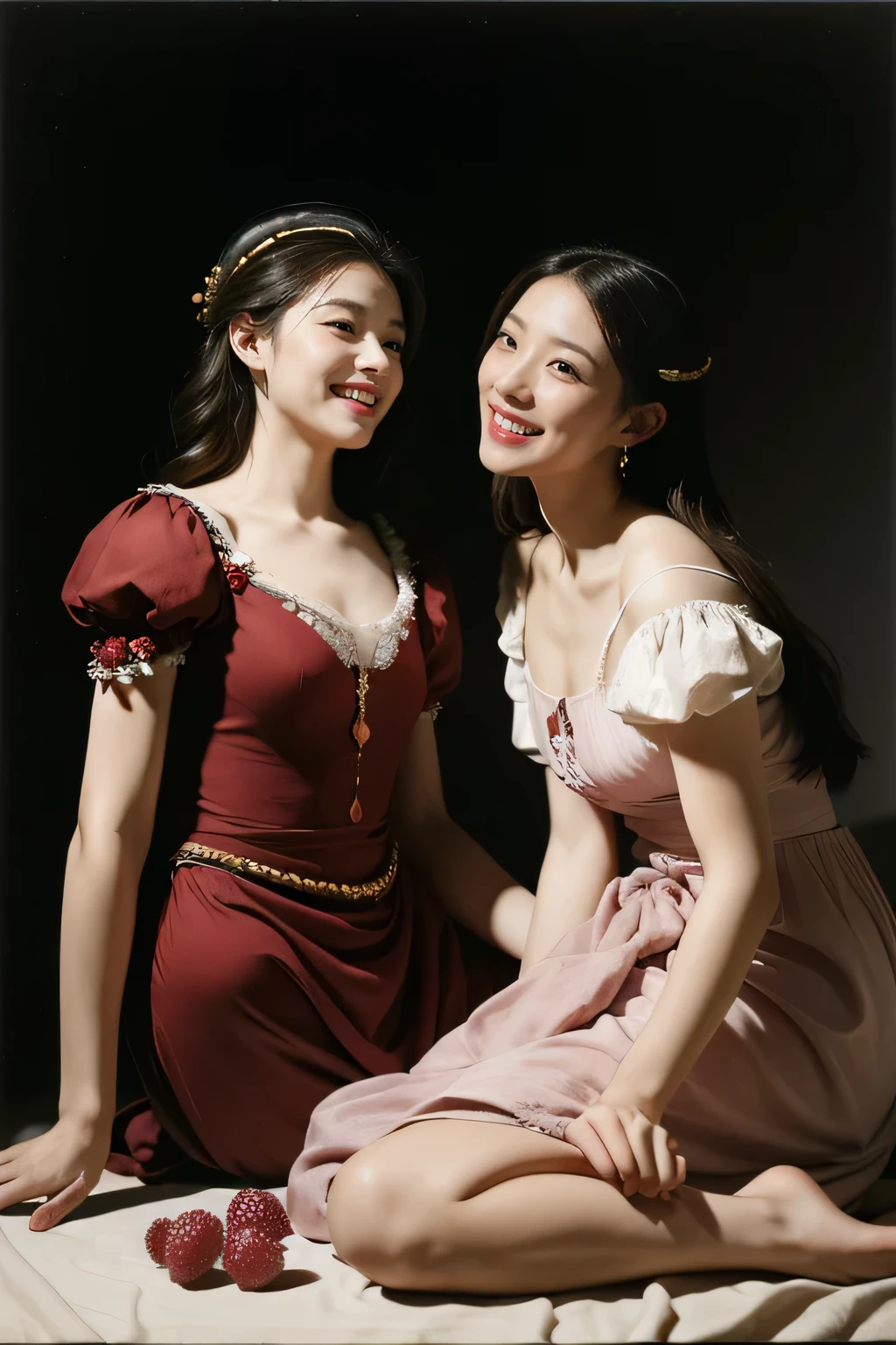 full body portrait ,fruits,grapes,rosa,antique,laughter,,sweet and enchanting appearance.、caravaggioの絵画、caravaggio'chiaroscuro,Two women having fun,cute smile, expression of ecstasy