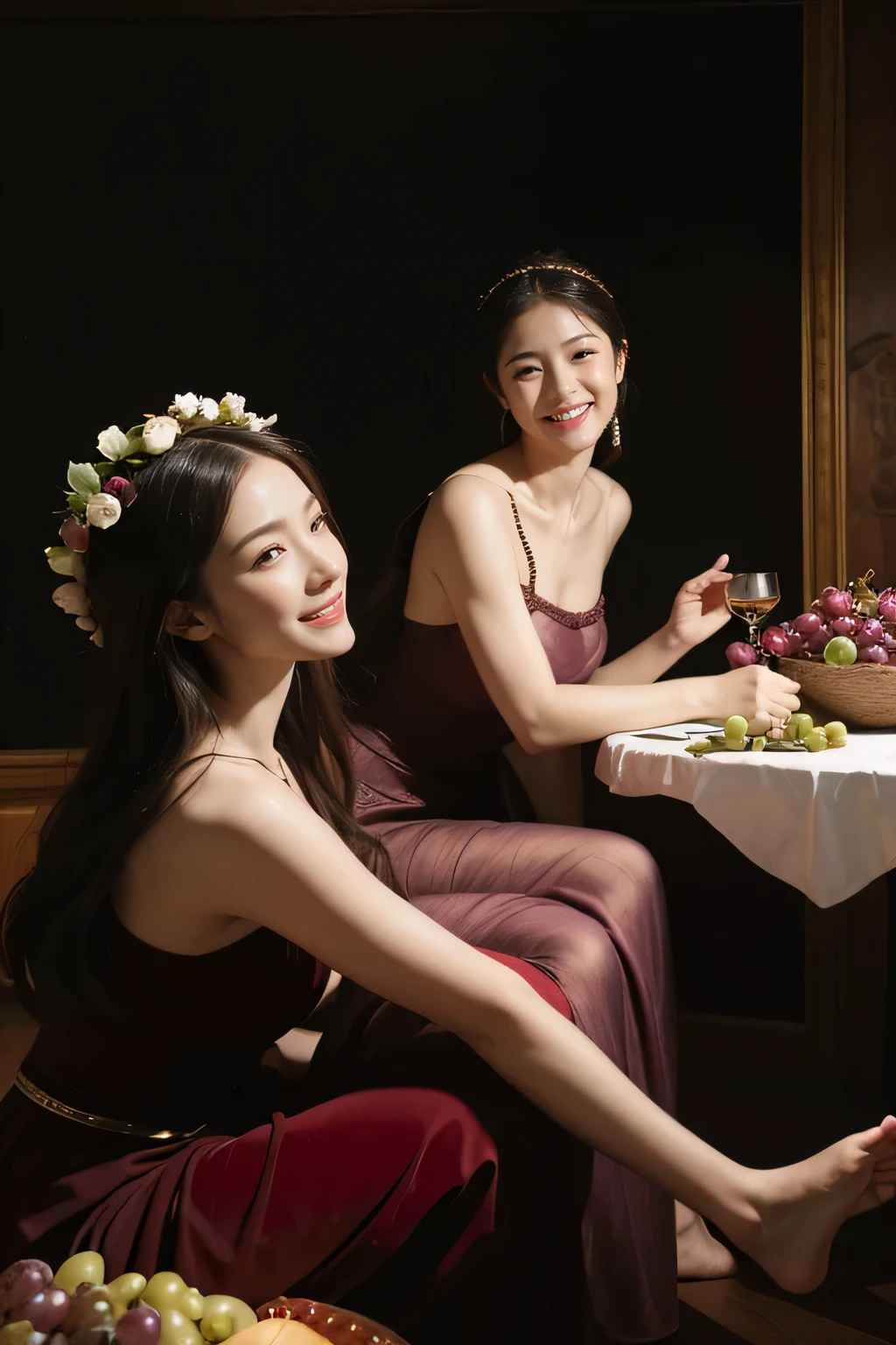 full body portrait ,fruits,grapes,rosa,antique,laughter,,sweet and enchanting appearance.、caravaggioの絵画、caravaggio'chiaroscuro,Two women having fun,cute smile, expression of ecstasy