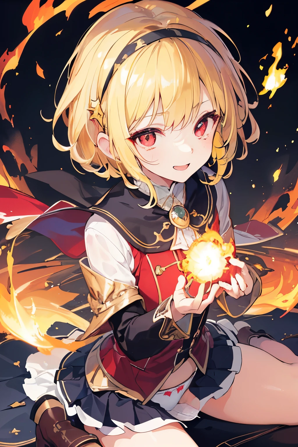 (((1girl))), ((best quality)), ((masterpiece)), ((ultra-detailed)), (illustration), (detailed light), (an extremely delicate and beautiful), (beautiful detailed eyes), (sunlight), ((extremely light)),  ((extremely clothes)), (((hyper detail))),(((((front lighting))))),(((((front light))))),

((((quite adorable Wizard's uniform with a brief skirt and magical hairband)))), (((Expert Warock))),
, 

(((wavy short manish bob))), ((((yellow gold hair)))),  (((short hair))),
(((dark red eyes))),

((((whole body)))), aged 5 to 8, ((((())))), ((((very adorable young girl)))),
((condescending expression)), ((mischievous smile with sexual satisfaction)),  (((extra adorable))), (((((extra slender shape))))), 
(((((extremely beautiful detailed face))))), 
(((dynamically and bravely attacking enemies by a spell of Fire balls))), (((elegant magic boots))),

(Dutch angle), (((elegant magic gloves))), ((transparent magical underskirt)), (a little bit exposed adorable magical panties)