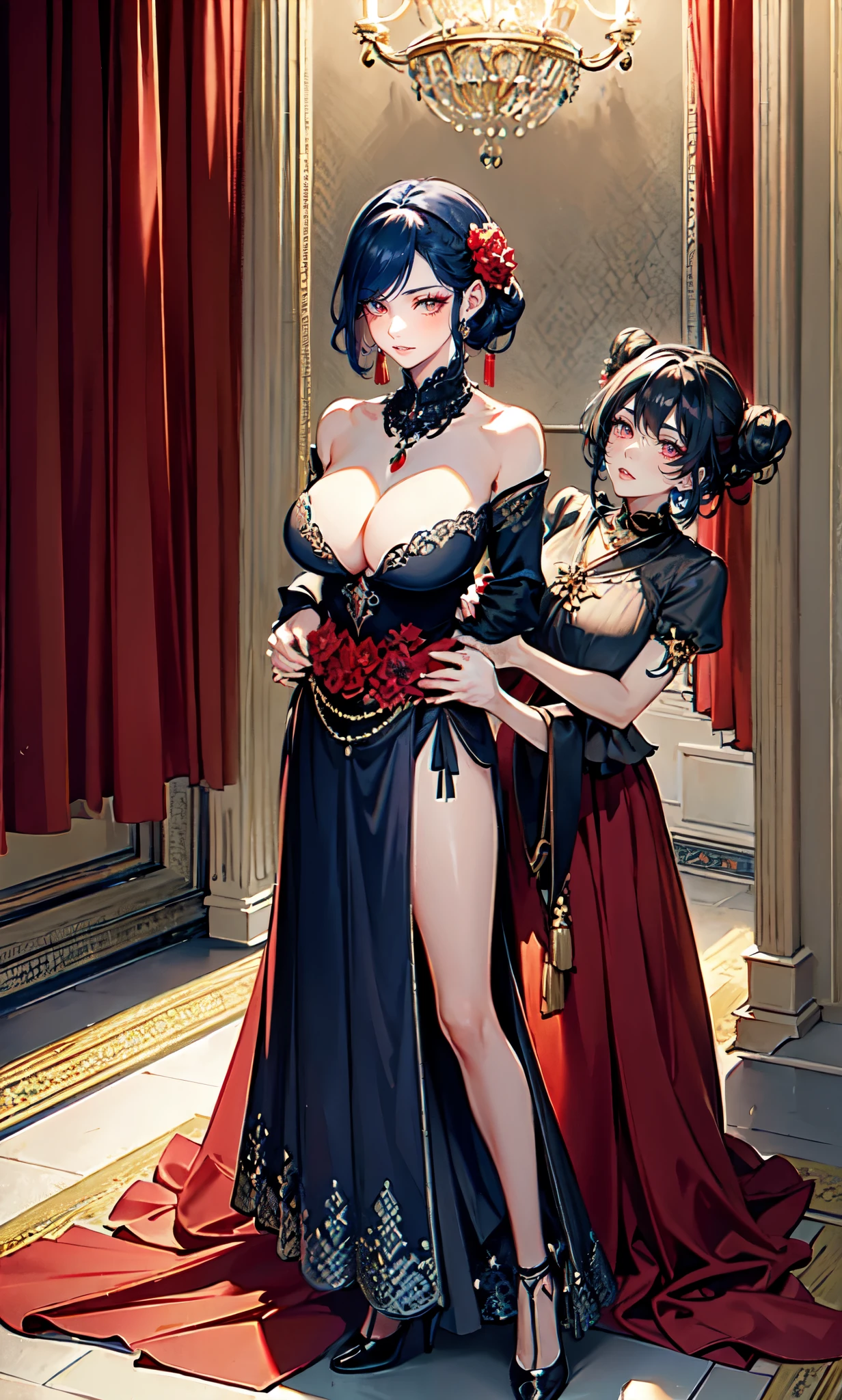 Court background,(Hands together:2.0),(dark blue curly short hair:2.0),British court-style low bun,Standing close-up,dream world,Royal sister,(Slender red red phoenix eyes,eye shadow,long eyelashes),Slender red red phoenix eyes,eye shadow,Contact lenses,Jade necklace,(Off the shouldersBaroque skirt,Off the shoulders,Widen hem,Shredded flower cloth:2.0),(big breast)ballroom background,(soft light and shadow:1.9),Intricate body jewelry,High heeled dancing shoes,High heeled dancing shoes,Detailedly drawn backgrounds