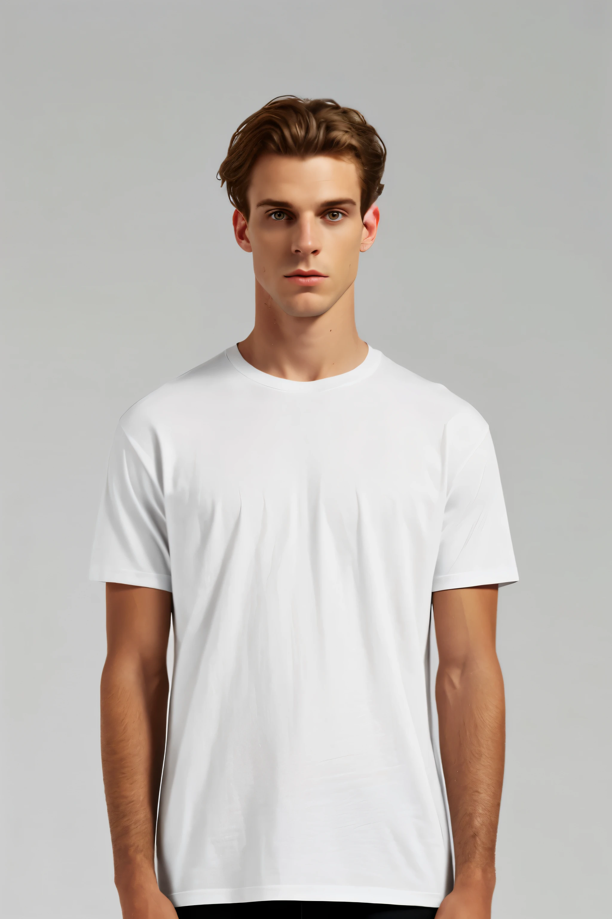 "Generate a professional realistic flat front view T-shirt mockup for a clothing brand. The white T-shirt should have a realistic cotton fabric texture, lying flat on a simple and uniform background. Ensure a oversized fit (not skinny), exclude human elements, and emphasize a clean and realistic design. Provide a single T-shirt in the preview, not multiple shirts, darker background 