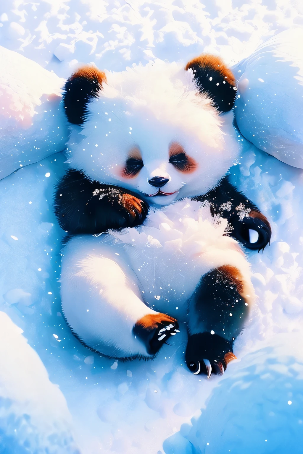 Sleeping Panda in the Snow: An image of a panda peacefully sleeping in the snow, conveying comfort and warmth