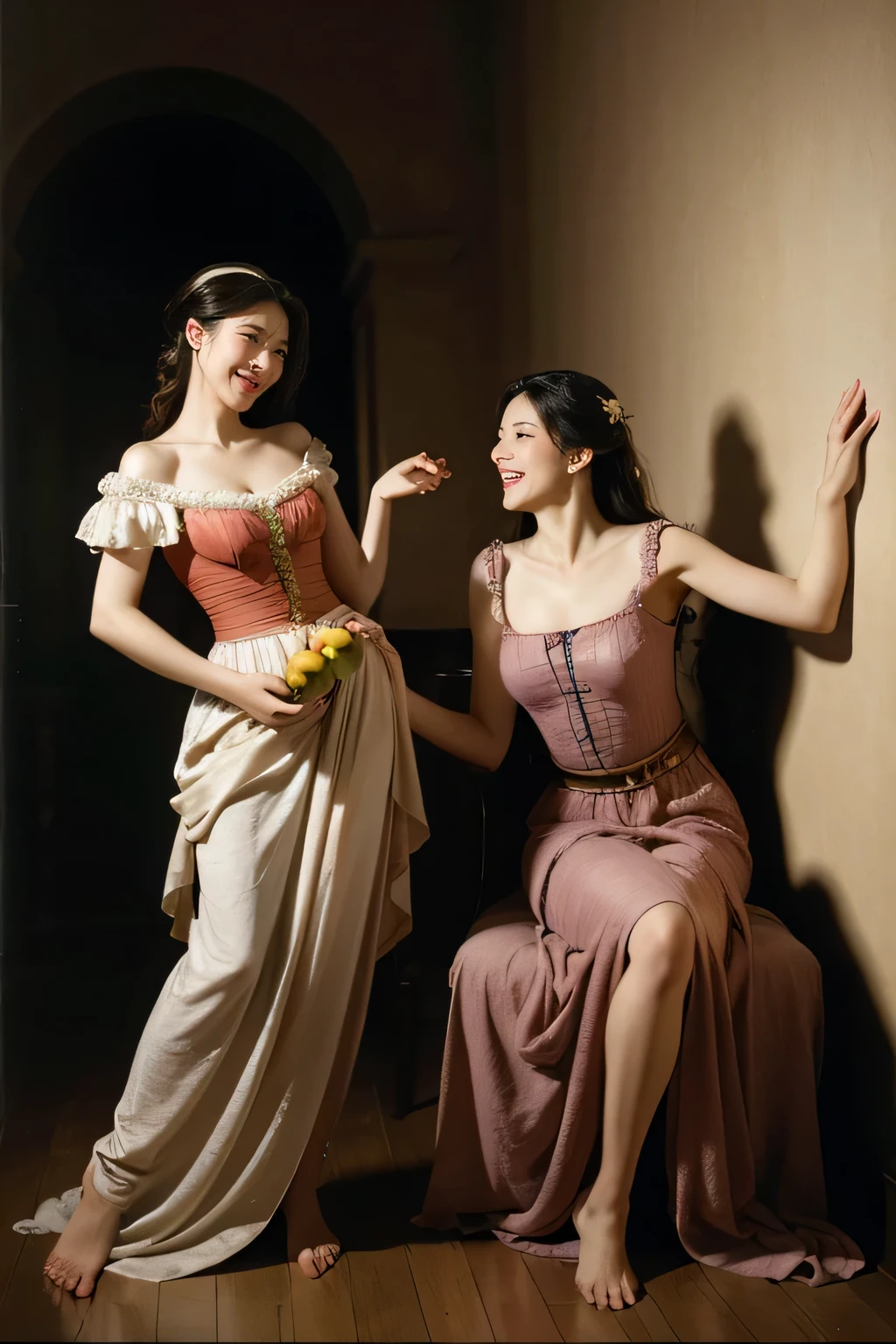 full body portrait ,fruits,grapes,rosa,antique,laughter,,sweet and enchanting appearance.、caravaggioの絵画、caravaggio'chiaroscuro,Two women having fun,cute smile, expression of ecstasy