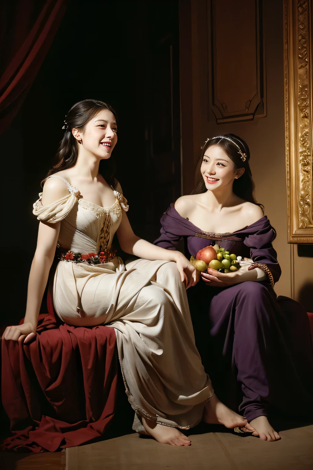 full body portrait ,fruits,grapes,rosa,antique,laughter,,sweet and enchanting appearance.、caravaggioの絵画、caravaggio'chiaroscuro,Two women having fun,cute smile, expression of ecstasy