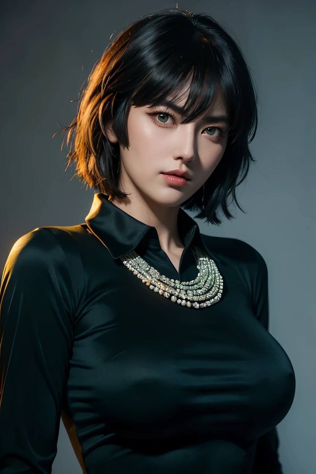 fubuki,,fubuki (One Punch Man),1 girl,big breasts、Dark green long dress,collar、long sleeve、pearl necklace、Beauty、long sleeve、collar、beautiful woman、beautiful face