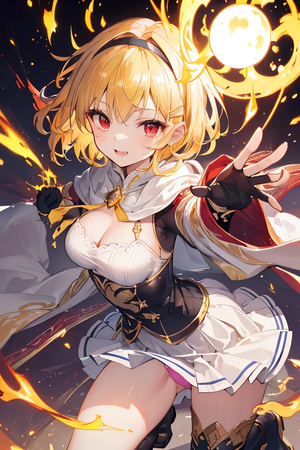 (((1girl))), ((best quality)), ((masterpiece)), ((ultra-detailed)), (illustration), (detailed light), (an extremely delicate and beautiful), (beautiful detailed eyes), (sunlight), ((extremely light)), ((extremely clothes)), (((hyper detail))),(((((front lighting))))),(((((front light))))),
((((quite adorable Wizard's robe with a brief skirt and magical hairband)))), (((Expert Warock))),
,
(((wavy short manish bob))), ((((yellow gold hair)))), (((short hair))),
(((dark red eyes))),
((((whole body)))), aged 5 to 8, ((((())))), ((((very adorable young girl)))),
((condescending expression)), ((mischievous smile with sexual satisfaction)), (((extra adorable))), (((((extra slender shape))))),
(((((extremely beautiful detailed face))))),
(((standing and dynamically and bravely attacking enemies by a spell of Fire balls))), (((elegant magic boots))),
(Dutch angle), (((elegant magic gloves))), ((transparent magical underskirt)), (a little bit exposed adorable magical panties)