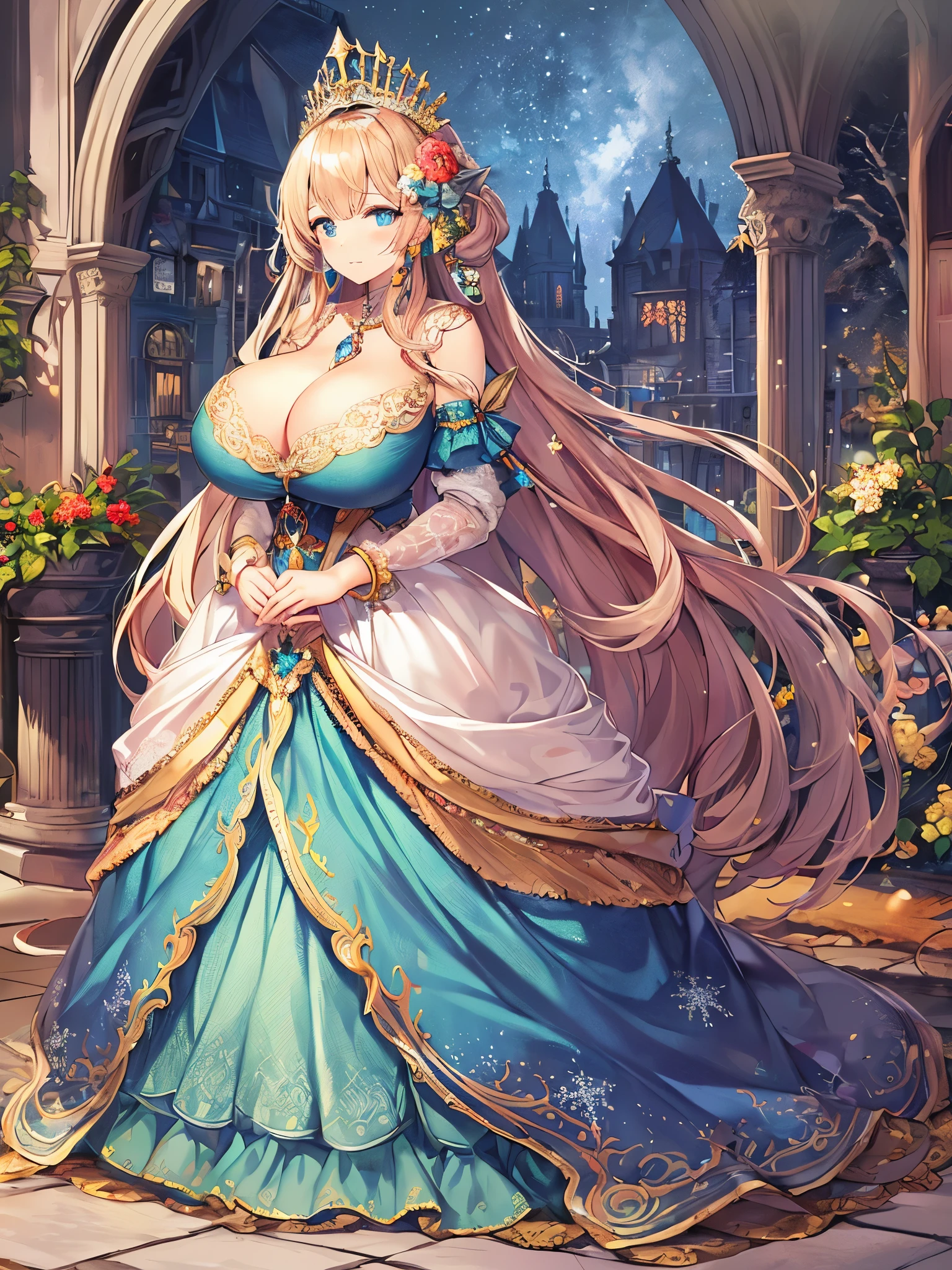anime artstyle,Masterpiece,Best Quality,Super Detail,((Very Delicate and Beautiful)),(((1 princess in beautiful embroidery and jeweled gorgeous rococo ballgown with voluminous hoop skirt))),((Solo)),((winter garden with snow,sonw,sky)),((outdoor)),(((full body))),(very gigantic tits:1.5),((cleavage,gigantic tits,cleavage,sagging tits)),skindentation,((detailed face and eyes)),jewel-like eyes,((extremely voluminous straight Hair,Extremely Long Straight Hair)),((gorgeousfull embroidery and lace,beautiful embroidery and jeweled)),Gorgeous Gemstone Jewelry,gorgeous corsage,((gorgeous hair ornament,glitter jeweled gorgeous big tiara)),((full body)),((beautiful embroidery and jeweled gorgeous rococo ballgown with voluminous hoop skirt)),(crinoline),((winter garden with snow,sonw,snowflake,outdoor,sky)),Looking at viewer,dynamic angle,(beautiful embroidery and jeweled gorgeous rococo ballgown with voluminous hoop skirt:1.5),gorgeous rococo ballgown,(full body)
