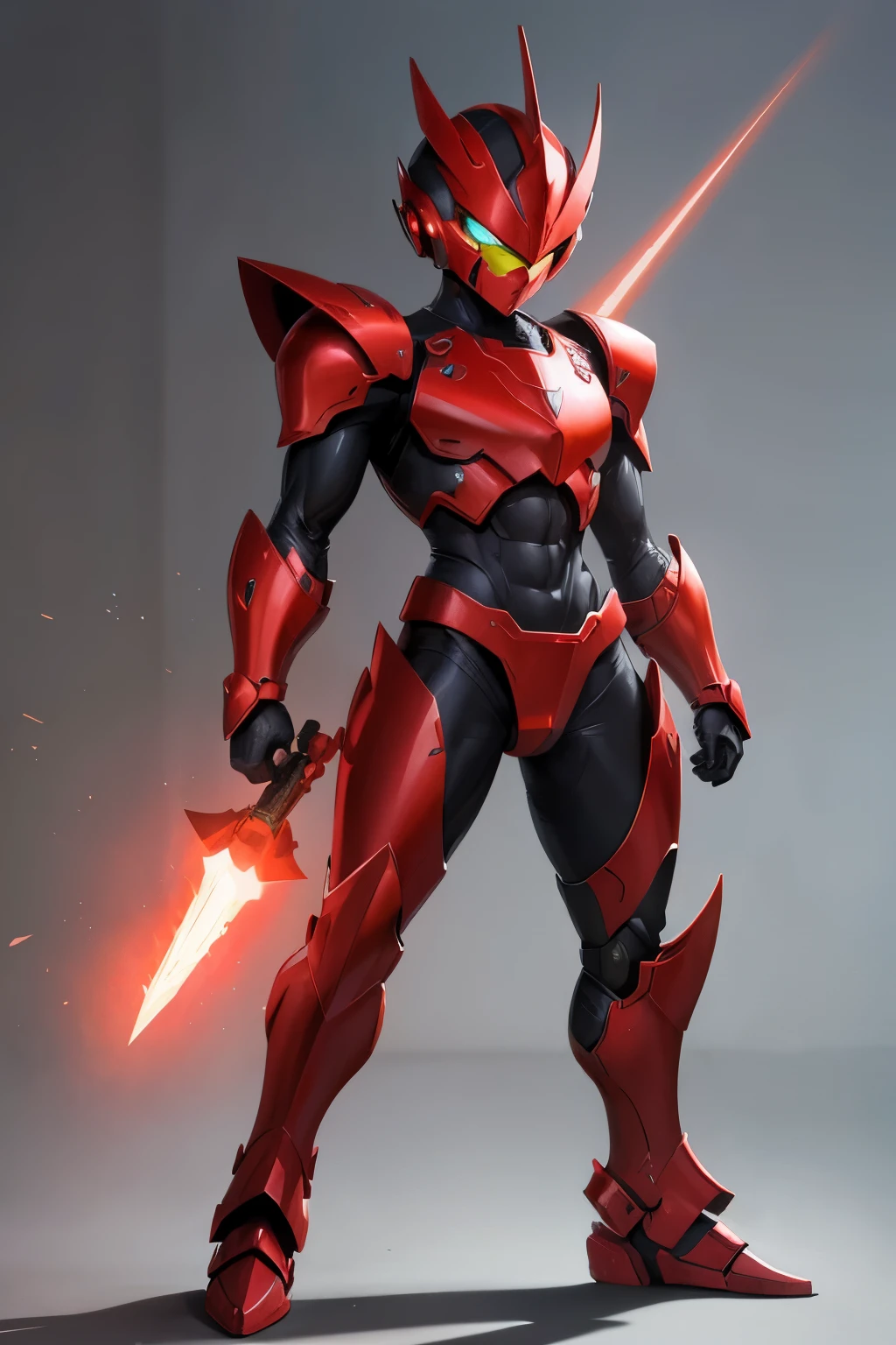 red armored small man with a sleek design, wearing a human face-shaped helmet, striking a battle posture. The man's face has a serious expression, resembling the character Zero from the Megaman series. The armor is detailed and shines in a vibrant red color. The overall style is a fusion of futuristic and fantasy elements, reminiscent of Dungeons and Dragons NPCs. The man stands in a dynamic pose, ready for action. Its armor reflects the light, adding a touch of realism to the scene. The color palette is dominated by shades of red, conveying power and intensity.