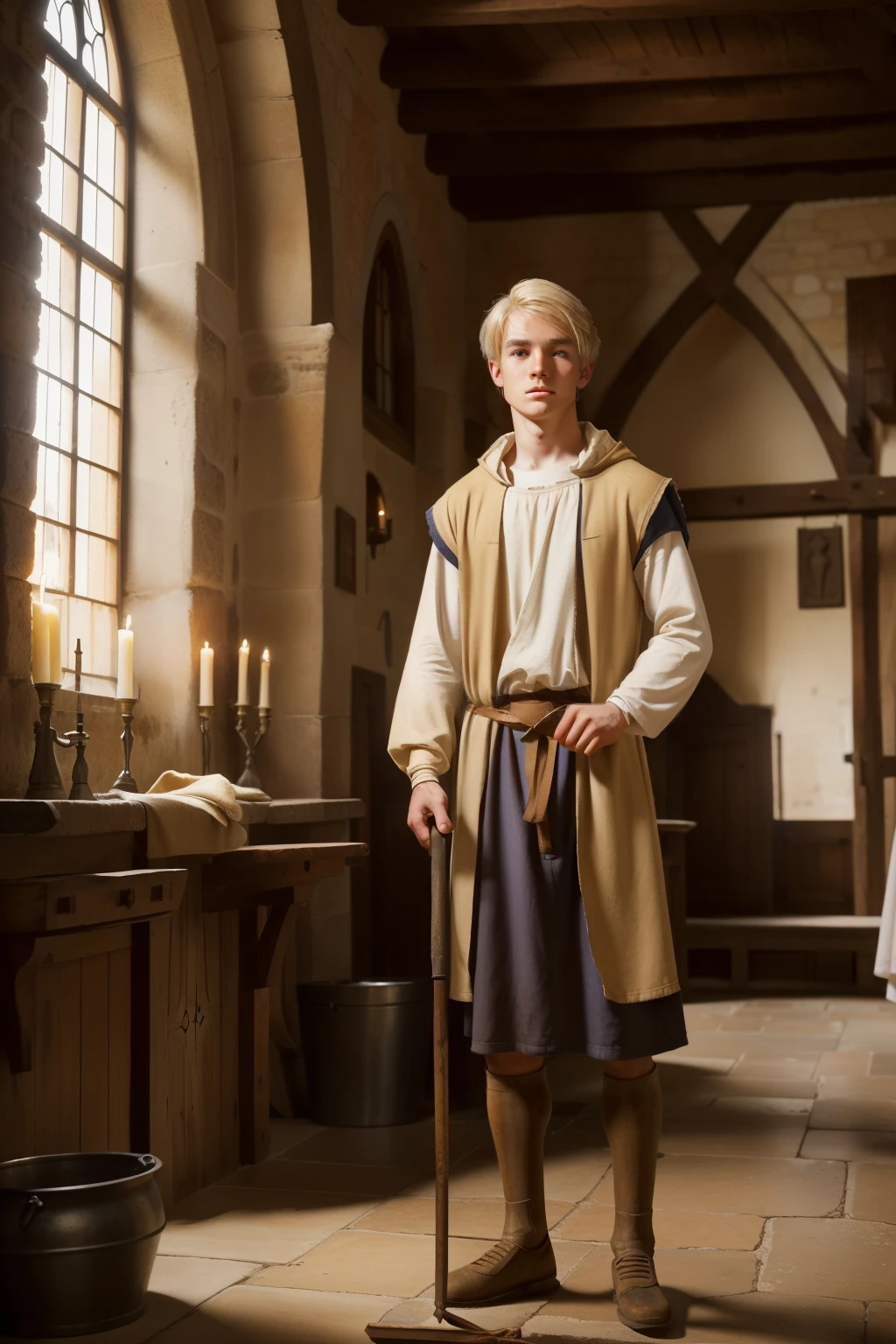 England, 1337. A young ((((22-year-old)) Philemon)), thin, rustic, freckles all over his face, in the monastery, mopping the floors. ((((clothings from the 1300s)))), ((blond hairstyle of the 1300s))