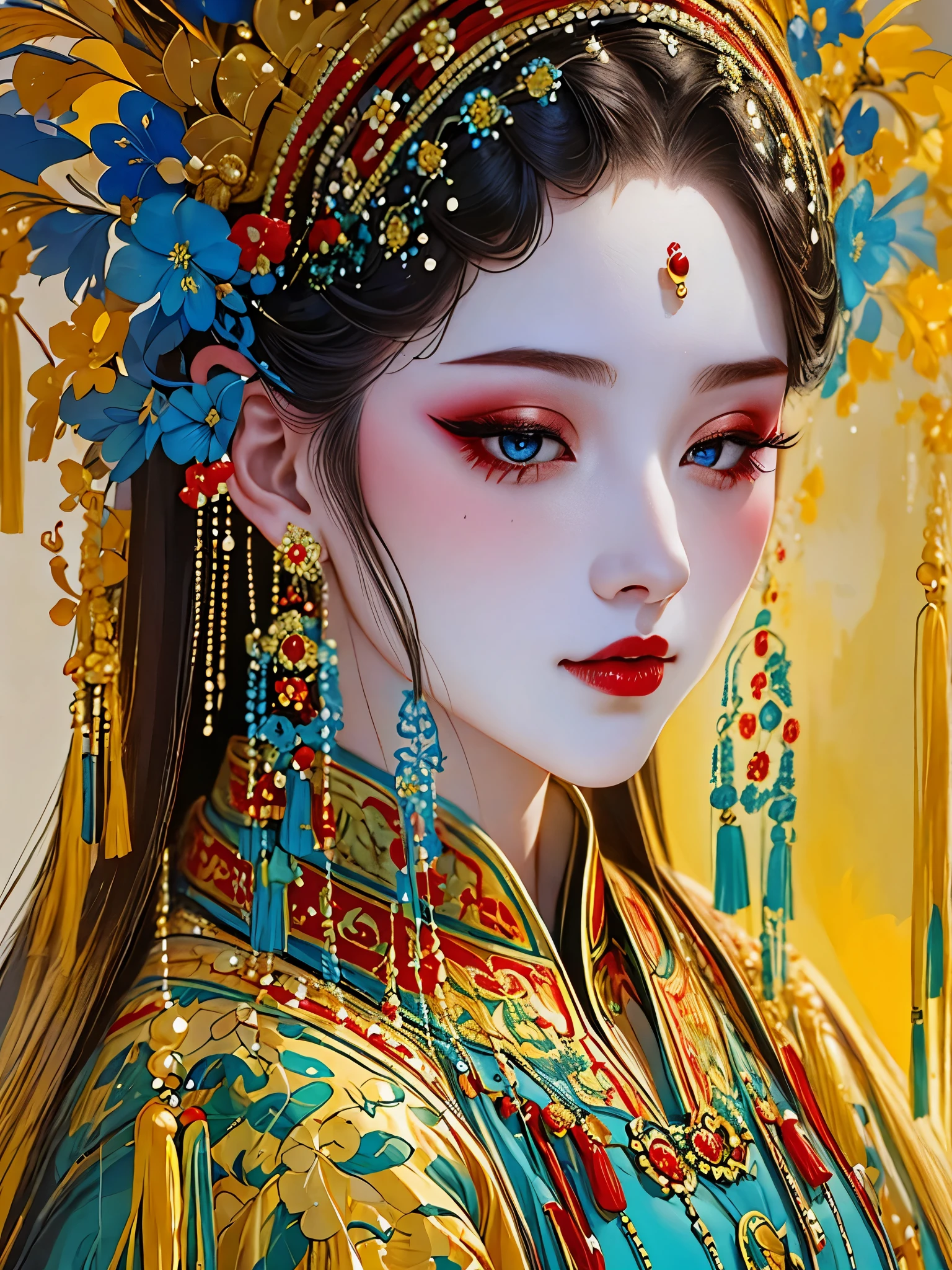 (masterpiece, best quality:1.2),1 girl,beautiful，portrait，flowing long hair，cheongsam，Exquisite headdress，Flower headdress on head，tassel，pearl，clean background，blue，red，green