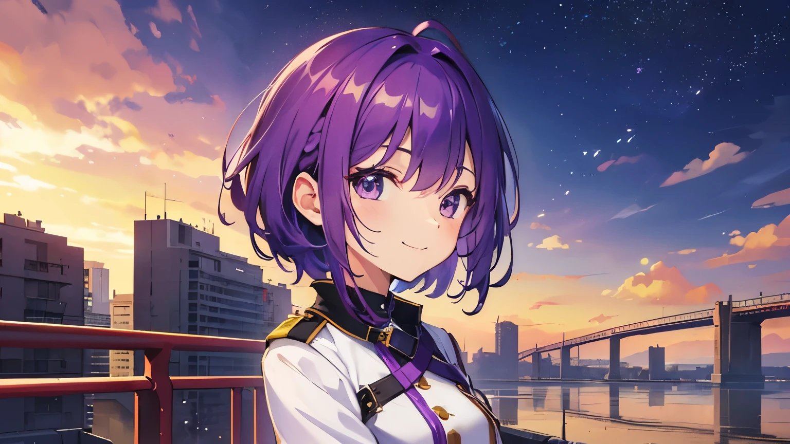 (T Masterpiece,4k wallpaper,best quality))、((girl1people))、(solo)、Shining and vivid,(purple hair)、(shortcut:1.3)、smile、uniform、SF