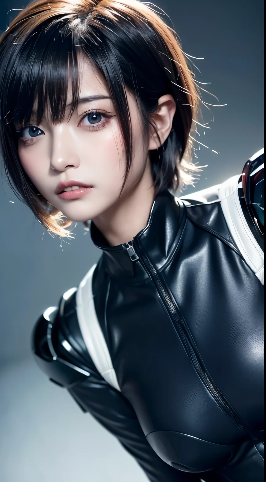 (a closeup:1.4)、(RAW Photography:1.2)、(Photorealsitic:1.4)、(masterpiece:1.3)、(top-quality:1.4)、(Beautiful woman with perfect body:1.4)、Woman standing in front of a group of robots、beautiful android woman、Beautiful Female Soldier、girl in suit、complex combat uniform、beautiful young Japanese woman、Highly detailed facial and skin texture、Detailed big eyes、二重まぶた、cute face、(Short Bob:1.2)、(huge-breasted)、(FULL BODYSHOT)、cowboy shot、(angry expressions:1.2)、Storms and epic war scenes、cyberpunk scene、Night、illuminations、plugsuit、combat uniform damage、