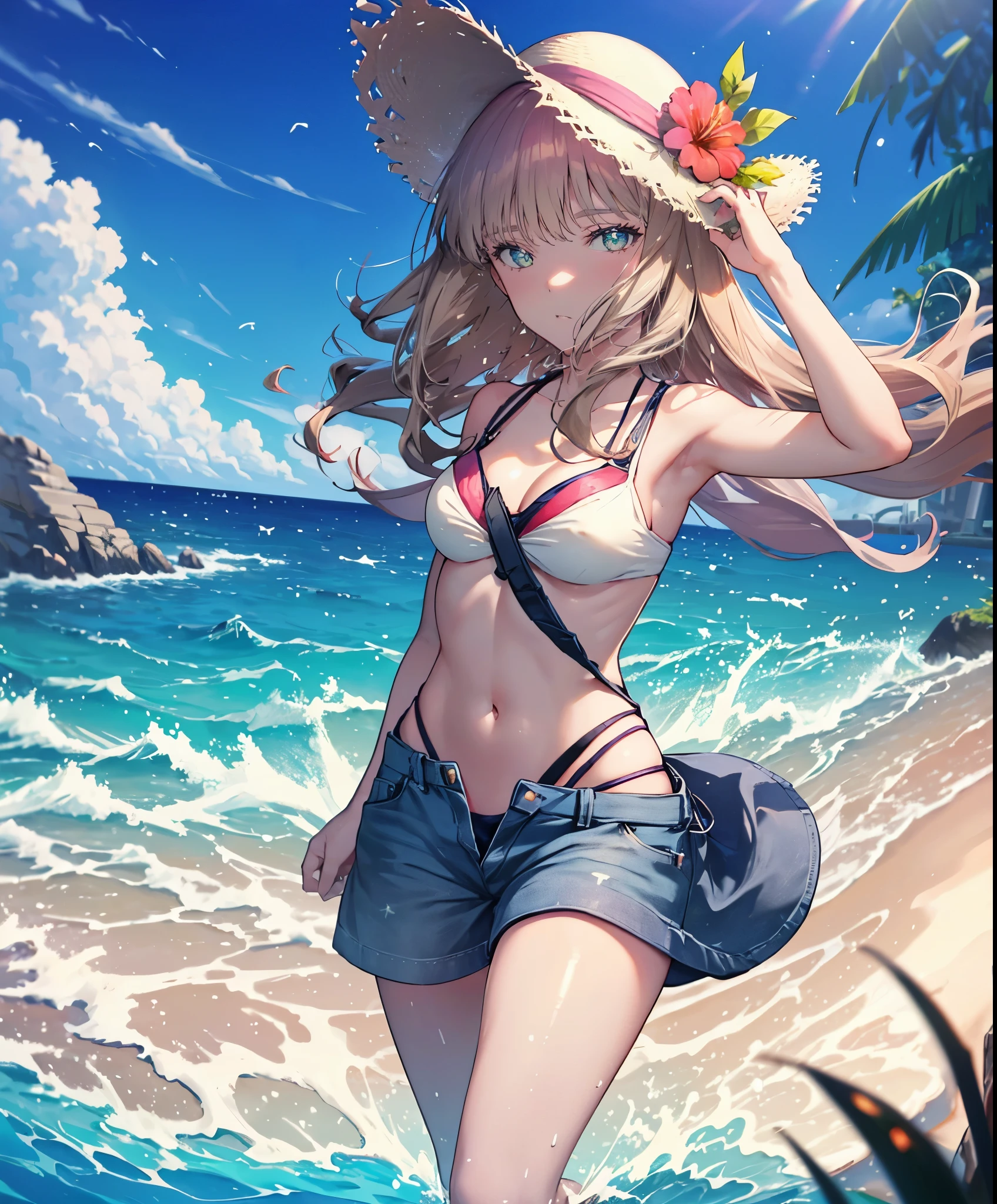 8k,highest quality,masterpiece,(software), masterpiece, highest quality, High resolution64k, professional artwork, famous works of art, clean, cinematic lighting, beautiful eyes + be familiar with, beautiful hair + be familiar with,The bud of a southern dream,The bud of a southern dream　sss dynazenon ,brown hair,green ruby eyes,big straw hat,hibiscus hair ornament,blue bikini swimsuit,A thin floral pattern cloth is wrapped around the waist..,barefoot,sandy beach,seaside,ビーチのsandy beachを散歩しながら、brown hair fluttering in the breeze, (masterpiece:1.2), highest quality, High resolution, unity 8k wallpaper, (shape:0.8), (beautiful and be familiar with eyes:1.6), 非常にbe familiar withな顔, perfect lighting, Very be familiar with CG, (perfect hands, perfect anatomy),