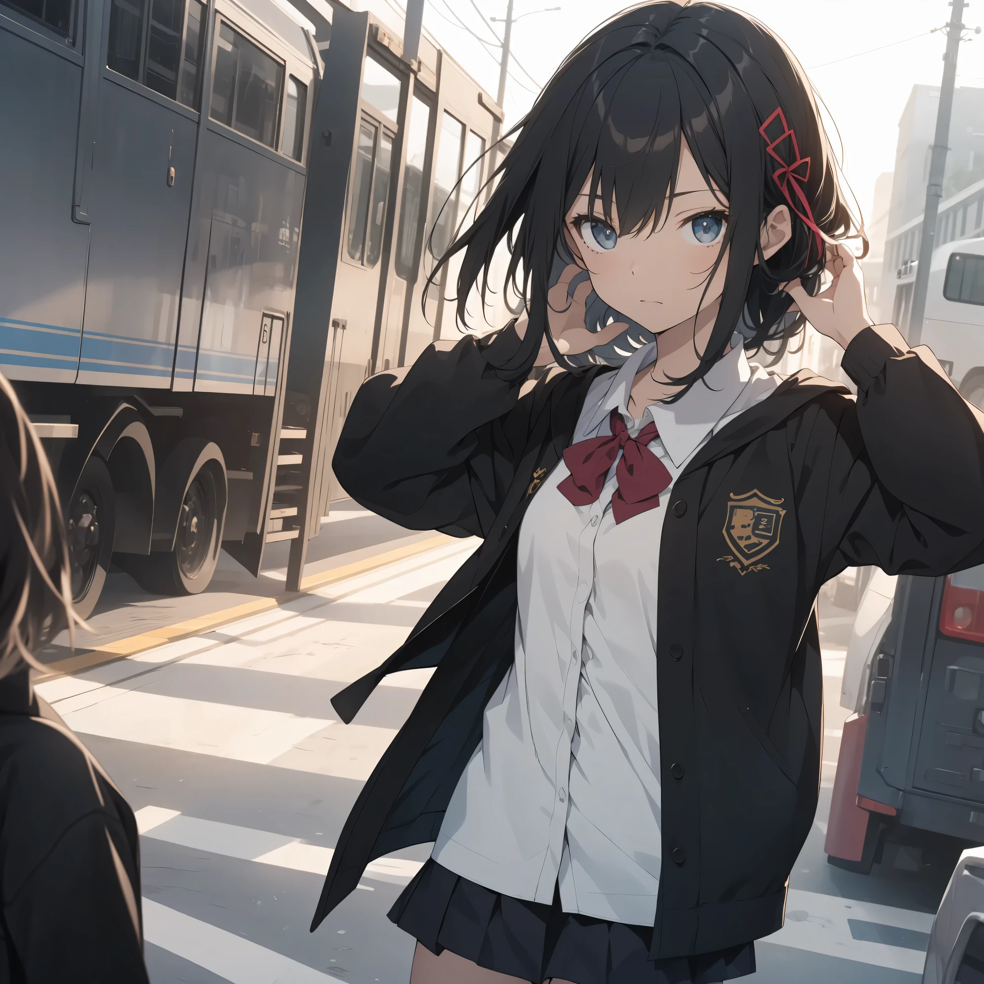 Ultra-highest quality by the art god, super detailed, High resolution, anime moe art style, Best Anime 8K Kona-chan Wallpaper, pixiv contest winner, perfect anatomy, break,(alone眠そうに学校に行く女の子を描いてください. )break, 1 girl, (alone,little woman,13 years old:1.3),All limbs, full finger,, The charm of an immature body, (very short hair), flat chest, small ass, between legs, small black eyes, detailed and beautiful eyes, Well-proportioned iris and pupils, expressive eyes, High resolutionの詳細な髪, ribbon, skirt, Ascot, pleated skirt, school uniform, school bag, (detailed lighting), (detailed background), On the way to school. break,super dense skin, Best lighting by famous artists, 8k, figure,Hmm, rough skin