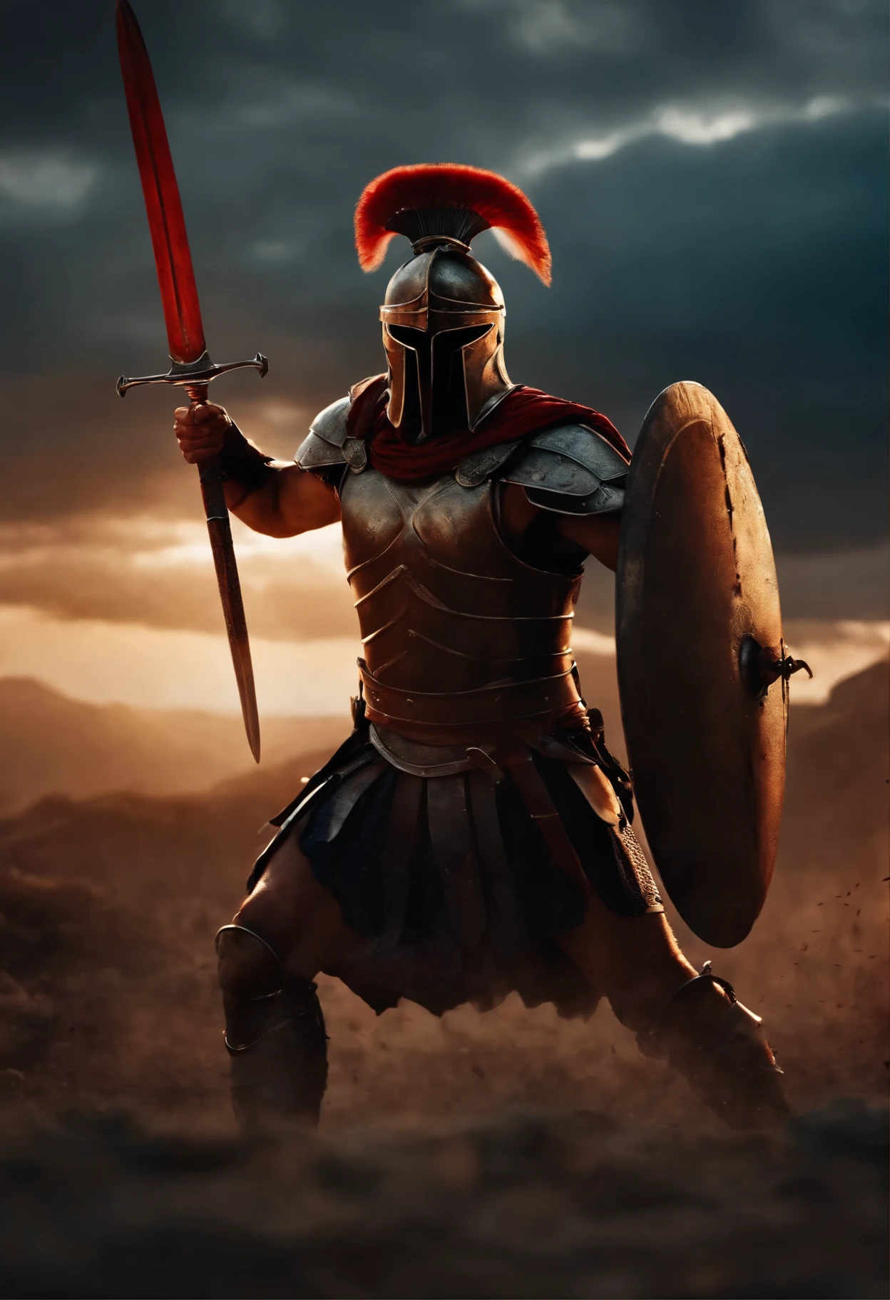 spartan warrior, fighting, bloody armor, on battlefield, standing with a Greek sword, epic, 8k