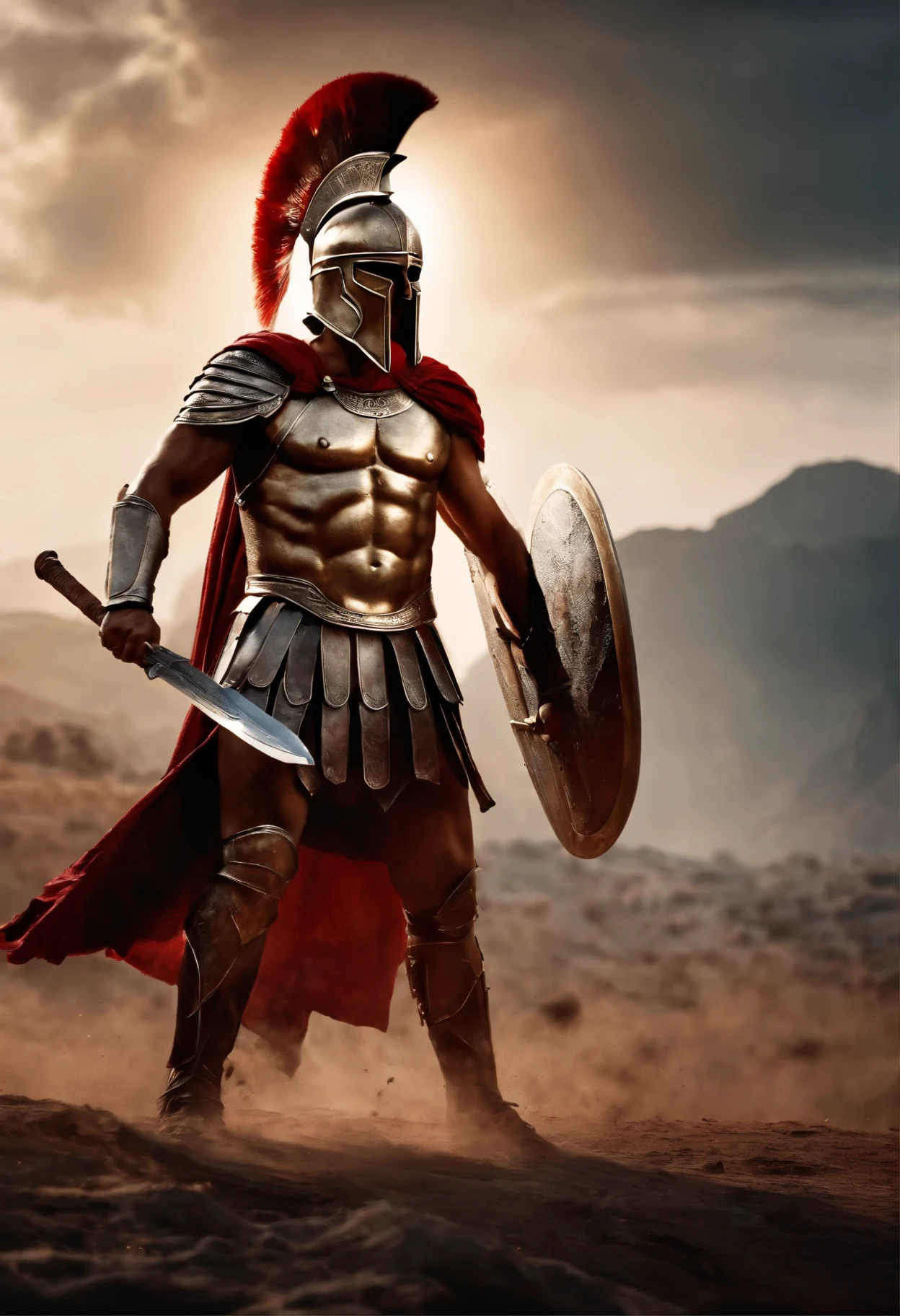 spartan warrior, fighting, bloody armor, on battlefield, standing with a Greek sword, epic, 8k