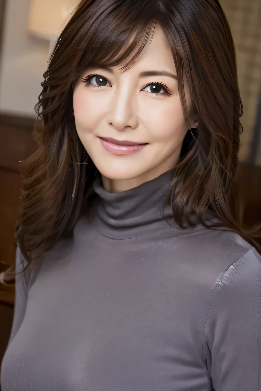 A close up of a woman with long hair wearing a turtle neck top - SeaArt AI