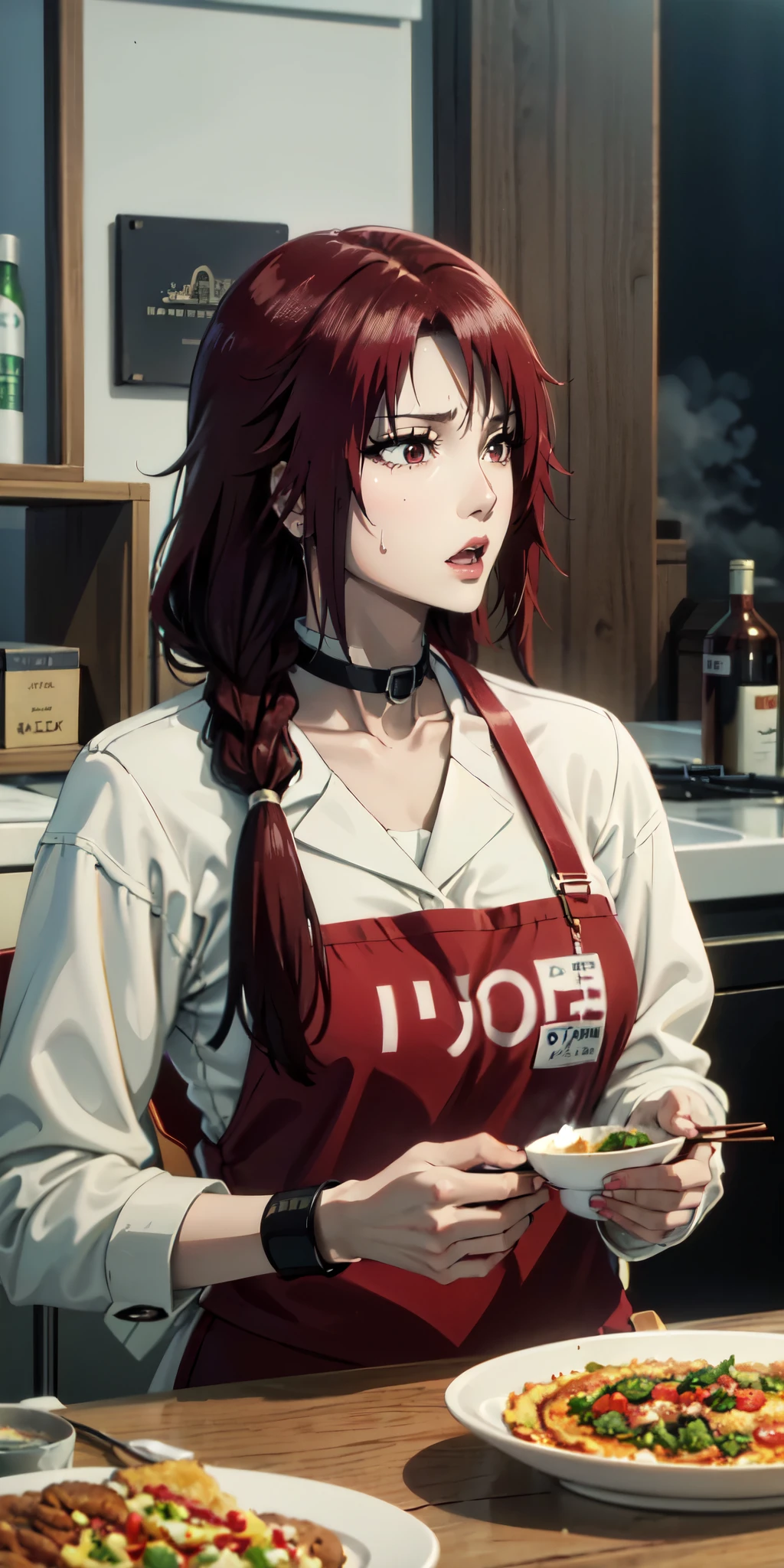 (anatomically correct:1.4), food, kitchen, meat, cooking, apron, knife, chopsticks, bowl, cutting_board, carrot, egg, plate, 1girl, holding_knife, frying_pan, stove, choker, soup, indoors, holding, bare_shoulders, ladle, spatula, omurice, black_hair, bread, bottle, brown_hair, ketchup, spoon, curry, tomato, sausage, vegetable, rice, short_hair, eating, collarbone, pot, pizza, breasts, brown_eyes, holding_chopsticks, "glow effects, godrays, Hand drawn, render, 8k, octane render, cinema 4d, blender, dark, atmospheric 4k ultra detailed, cinematic, Sharp focus, big depth of field, Masterpiece, colors, 3d octane render, 4k, concept art, trending on artstation, hyperrealistic, Vivid colors, extremely detailed CG unity 8k wallpaper, trending on CGSociety, Intricate, High Detail, dramatic", anime coloring, anime screencap, sweating, steaming body, fog, looking at viewer