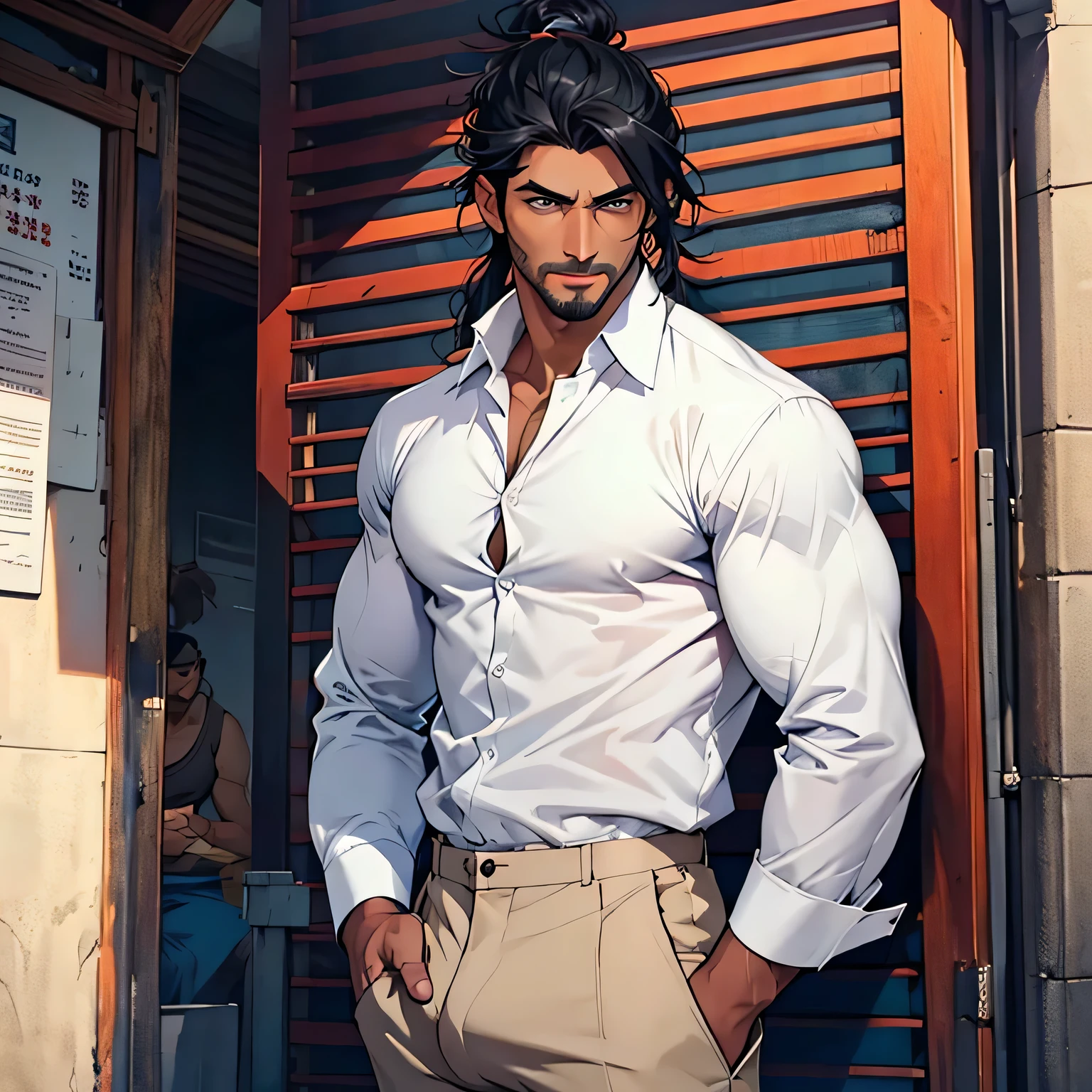 Handsome Indian male, briwn skin, He has black hair, almost always unkempt but it has a certain look to it. He is tall, with broad shoulders, muscular. His face is very masculine but he has really kind eyes. Blue eyes. Big bulge. Hair tied back. Trouser pants. White formal shirt
