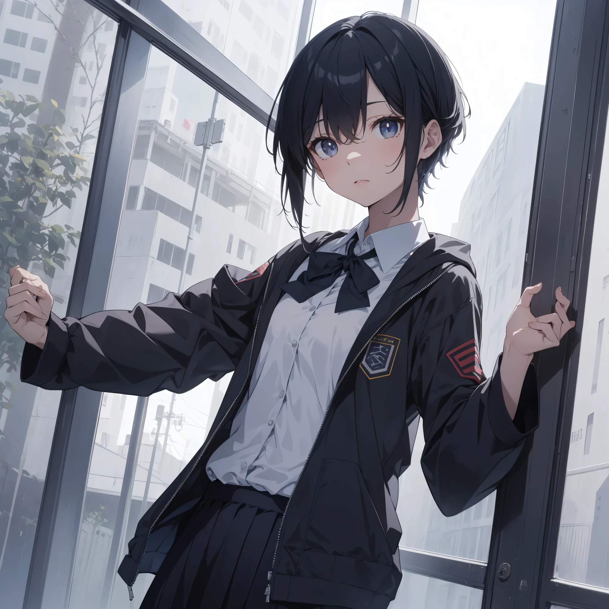 Ultra-highest quality by the art god, super detailed, High resolution, anime moe art style, Best Anime 8K Kona-chan Wallpaper, pixiv contest winner, perfect anatomy, break,(眠そうにalone学校へ行く女の子を描いてください. )break, 1 girl, (alone,little woman, , :1.3),All limbs, full finger,, The charm of an immature body, (very short hair), flat chest, small ass, between legs, small black eyes, detailed and beautiful eyes, Well-proportioned iris and pupils, expressive eyes, High resolutionの詳細な髪, ribbon, skirt, collared shirt, Ascot, pleated skirt, school uniform, shirt, white shirt, school bag,(detailed lighting), (detailed background), On the way to school. break,super dense skin, Best lighting by famous artists, 8k, cute illustration,Hmm, rough skin