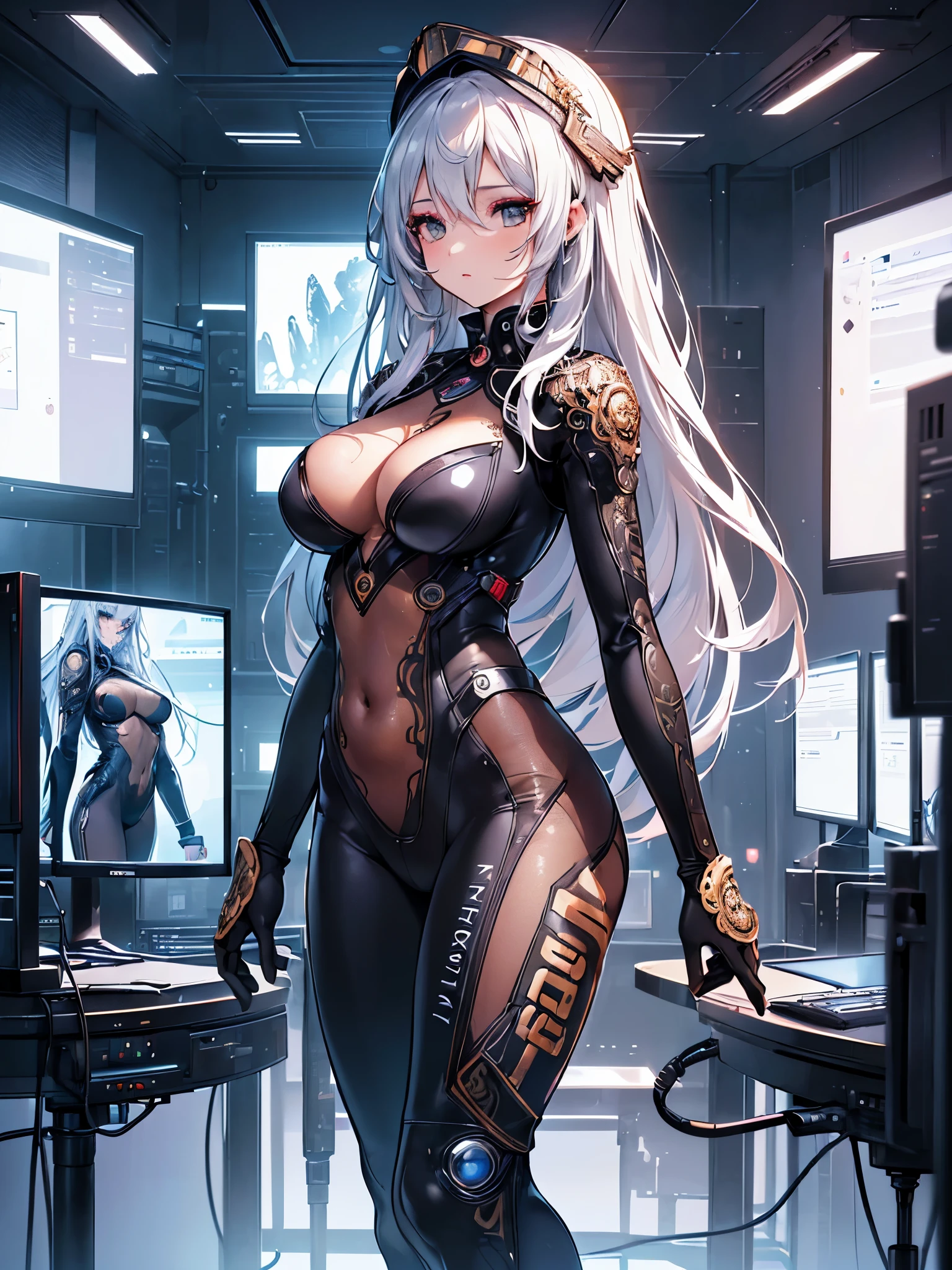 ((highest quality)),(ultra high resolution),(Super detailed),(detailed description),((best CG)),(best work of art),super precision art,great drawing art,(Sci-fi art with precise details:1.5), (1 woman:1.5),(pilot suit:1.6),(beautiful and well-shaped face:1.5),(confident look:1.5),(makeup:1.6),(Mr.々style hair:1.6),(A bodysuit with an intricately detailed design:1.6),(clear visor:1.4), (Communication room with many monitors:1.5),