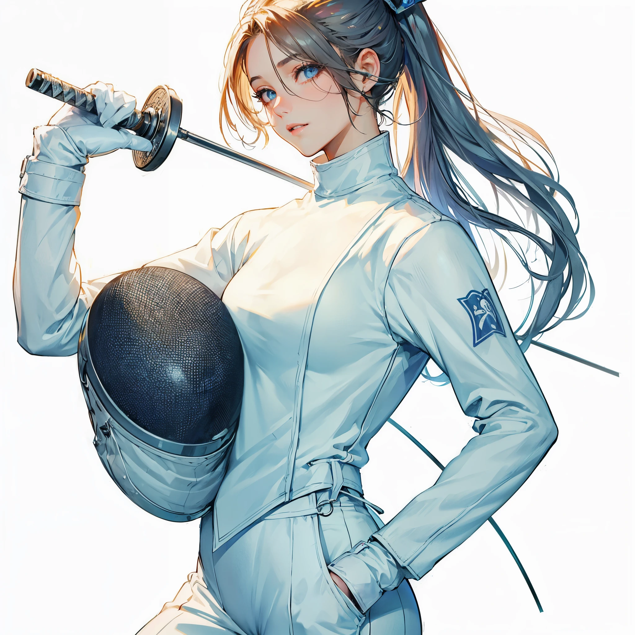 high quality,HD,16k,sharp lines,1 girl,Female fencing athlete ,cute face, medium breasts, nice legs,At the fencing venue,focus girl,detailed beautiful face,detailed clothes,beautiful eyes,cool,dynamic angle
