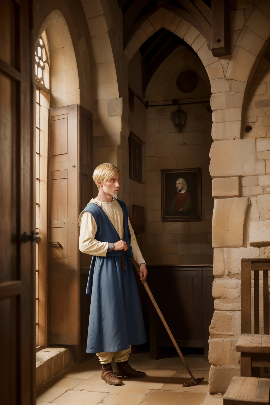 England, 1337. A young ((((22-year-old)) Philemon)), thin, rustic, freckles all over his face, in the monastery, mopping the floors. ((((clothings from the 1300s)))), ((blond hairstyle of the 1300s))