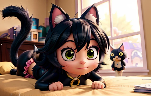 Arafe in a black cat costume lies on the bed, attractive cat girl, to some, black hair black cat ears, anime girl cosplay, beautiful young cat girl, very beautiful cute cat girl, cat girl, anime cat girl, anime cosplay, cat girl, cosplay, Ahri from League of Legends, full-cosplay, very beautiful anime cat girl