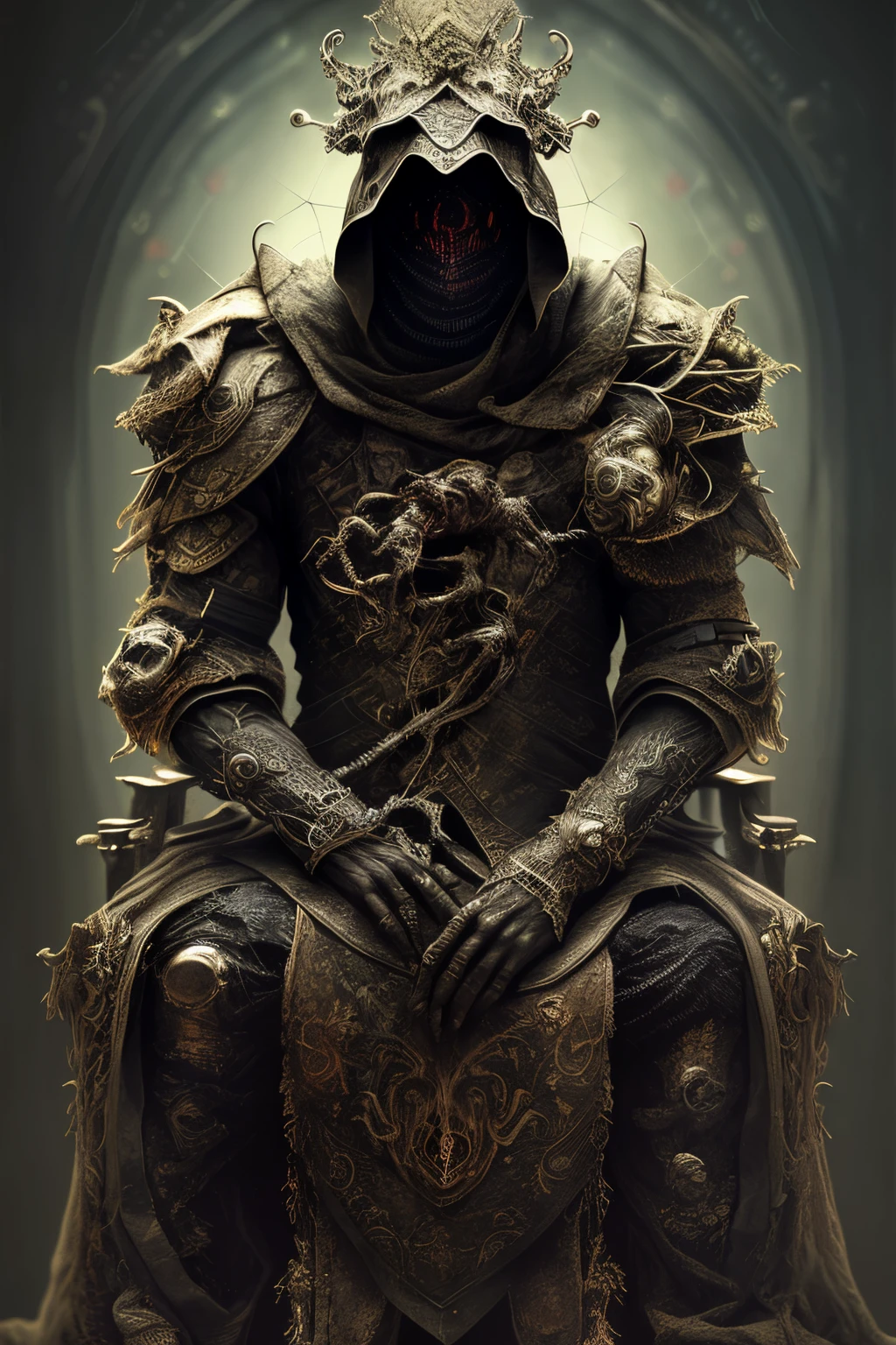 sitting on the throne, king of the dead with a crown of bones, black web robe, web, spiders on armor, with a black blade in his hand, fantasy, dramatic photo, dynamic photo, full body view, model poses, blurred background, highly detailed, ultra-realistic, 8k, (realistic:1.3), poster, intricate details, painting \(artwork\), ((masterpiece,best quality)), ((cinematic light)), hyperealistic, fearsome, dark fantasy \(style\), detailed armor, detailed spider helmet, spider head, eight hands, eight eyes, terrible, scary, ugly, (dark shot:1.17), epic realistic, faded, ((neutral colors)), art, (hdr:1.5), (muted colors:1.2), hyperdetailed, (artstation:1.5), cinematic, warm lights, dramatic light, (intricate details:1.1), complex background, (rutkowski:0.8), (teal and orange:0.4)