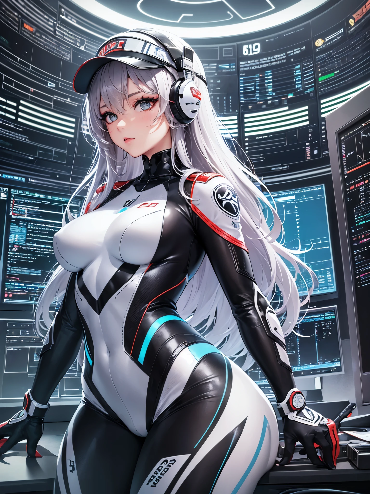 ((highest quality)),(ultra high resolution),(Super detailed),(detailed description),((best CG)),(best work of art),super precision art,great drawing art,(Sci-fi art with precise details:1.5), (1 woman:1.5),(pilot suit:1.6),(beautiful and well-shaped face:1.5),(confident look:1.5),(makeup:1.6),(Mr.々style hair:1.6),(A bodysuit with an intricately detailed design:1.6),(clear visor:1.4), (Communication room with many monitors:1.5),