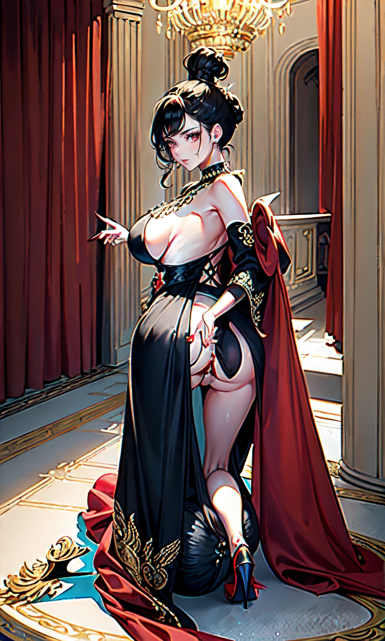 Court background,(British court-style low bun,Kneeling close-up,(point you by her ass:2.0),Royal sister,(Slender red red phoenix eyes,eye shadow,long eyelashes),Slender red red phoenix eyes,eye shadow,Contact lenses,Jade necklace,(Off the shouldersBaroque skirt,Off the shoulders,Widen hem,Shredded flower cloth:2.0),(big breast)ballroom background,(soft light and shadow:1.9),Intricate body jewelry,High heeled dancing shoes,High heeled dancing shoes,Detailedly drawn backgrounds
