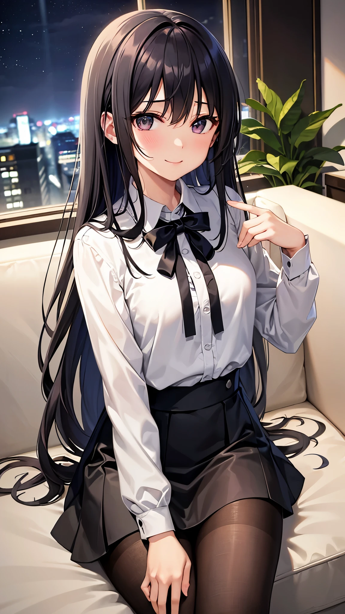 (masterpiece), (highest quality), Super detailed, perfect face, perfect body, black髪 long hair、1 girl, adult woman beautiful girl,narrow eyes smile、smile、looks fun、open your mouth、flat chest、clear、 OL、Tight Skirt gray、blouse、cardigan gray、sexy, black pantyhose、sit on the sofa、counter、Raise your hand holding a wine glass、night、Cafe、red wine