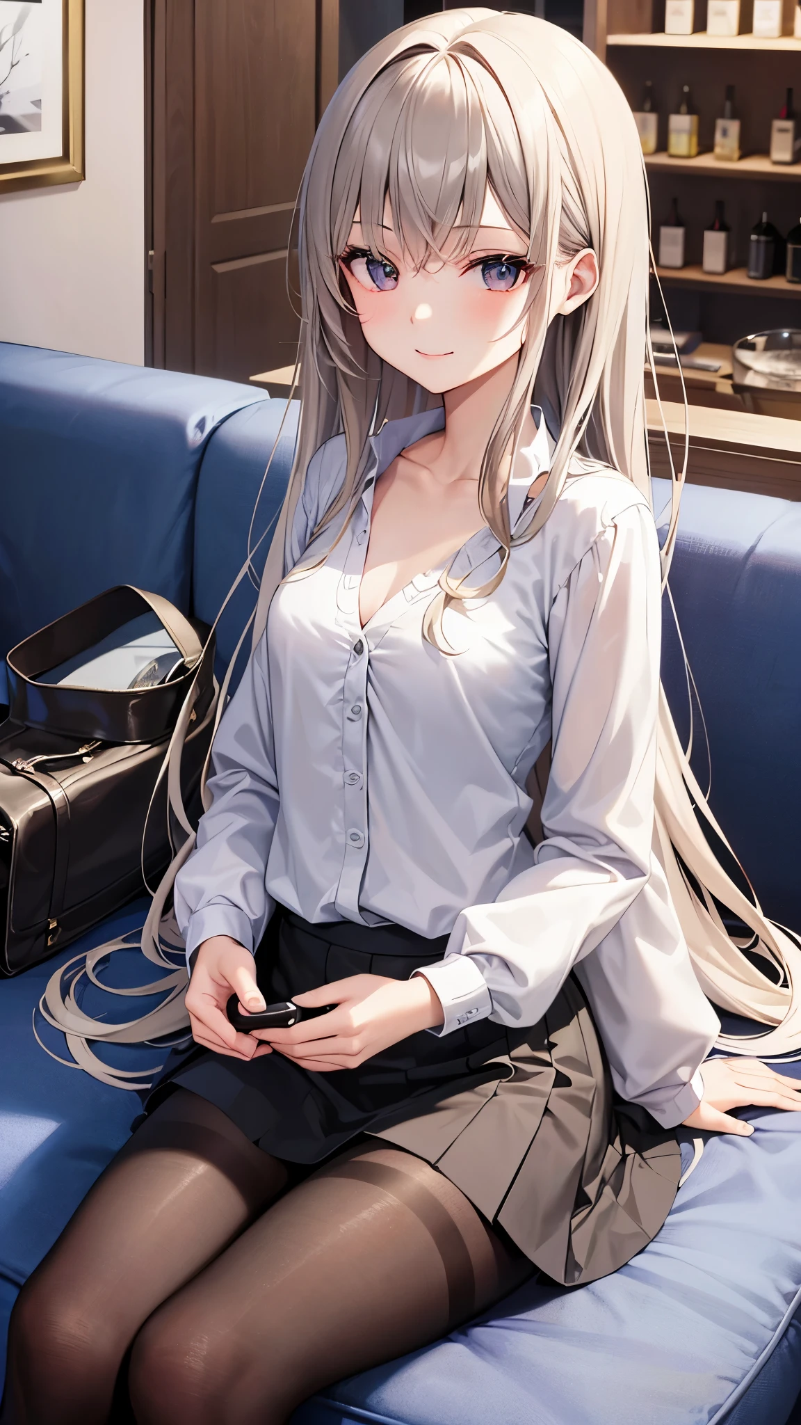 (masterpiece), (highest quality), Super detailed, perfect face, perfect body, black髪 long hair、1 girl, adult woman beautiful girl,narrow eyes smile、smile、looks fun、open your mouth、flat chest、clear、 OL、Tight Skirt gray、blouse、cardigan gray、sexy, black pantyhose、sit on the sofa、counter、Raise your hand holding a wine glass、night、Cafe、red wine