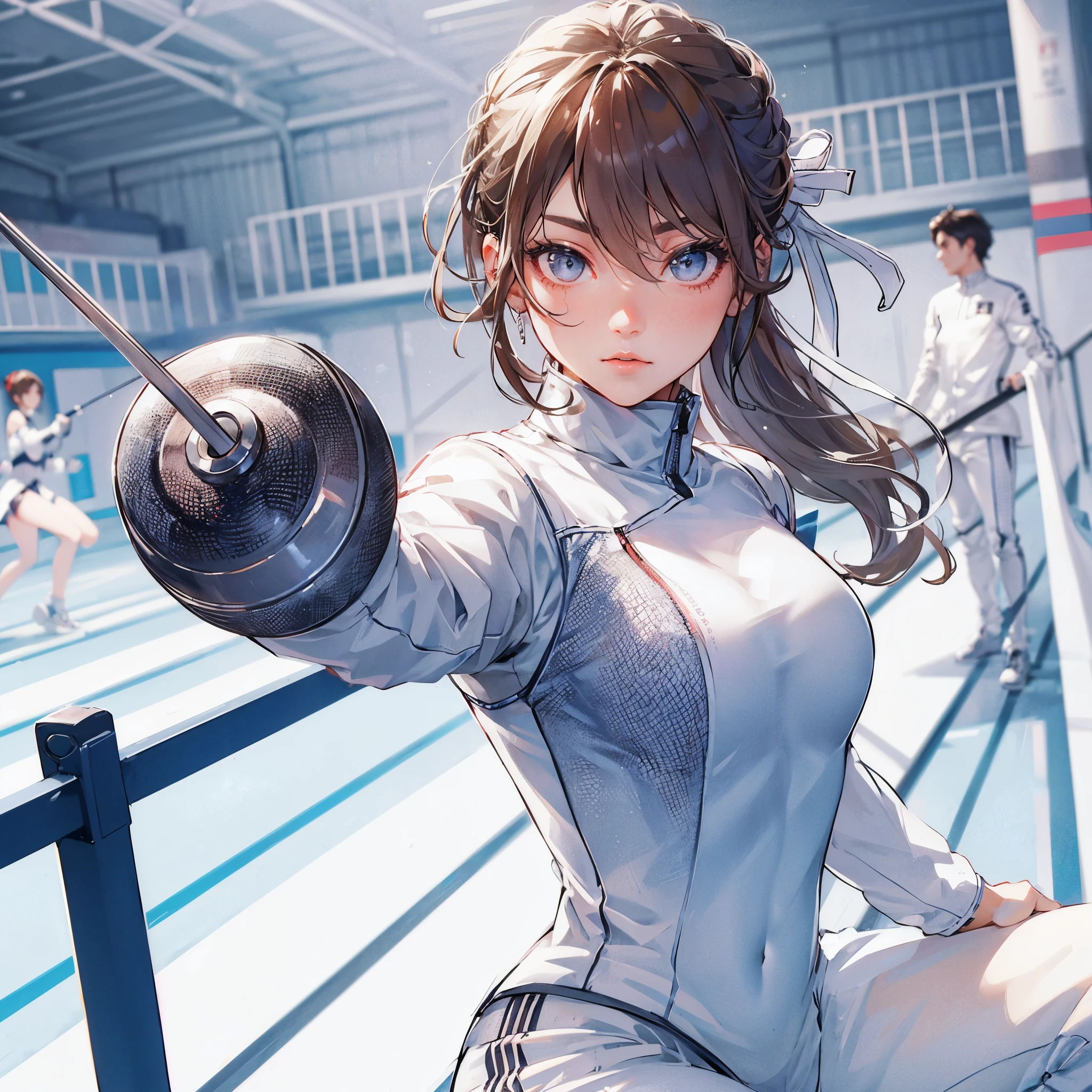 high quality,HD,16k,sharp lines,1 girl,Female fencing athlete ,cute face, medium breasts, nice legs,At the fencing venue,focus girl,detailed beautiful face,detailed clothes,beautiful eyes,cool,dynamic angle