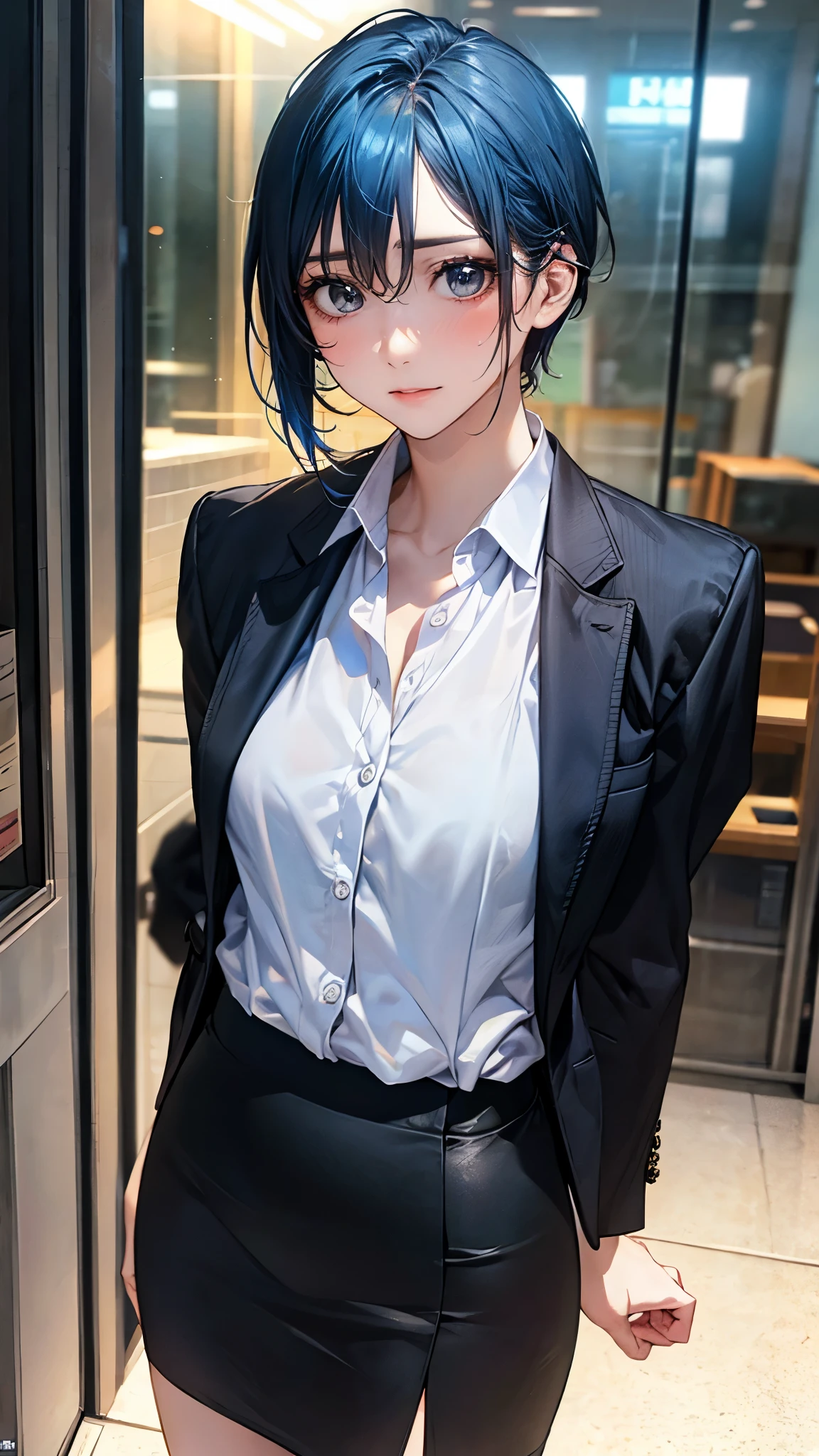 (masterpiece:1.2, top-quality), (realistic, photorealistic:1.4), beautiful illustration, (natural side lighting, movie lighting), 
looking at viewer, upper body, 1 girl, japanese, , perfect face, perfect body, cute and symmetrical face, shiny skin, babyface, 
(short hair, straight hair, long sideburns, light blue hair), hair between eyes, emerald green eyes, (middle breasts, seductive thighs), , 
beautiful hair, beautiful face, beautiful detailed eyes, beautiful clavicle, beautiful body, beautiful chest, beautiful thigh, beautiful legs, beautiful fingers, 
(((black business jacket, close clothes), white collared shirt, black tight skirt), ), 
(beautiful scenery), evening, (office), standing, (uneasiness), 