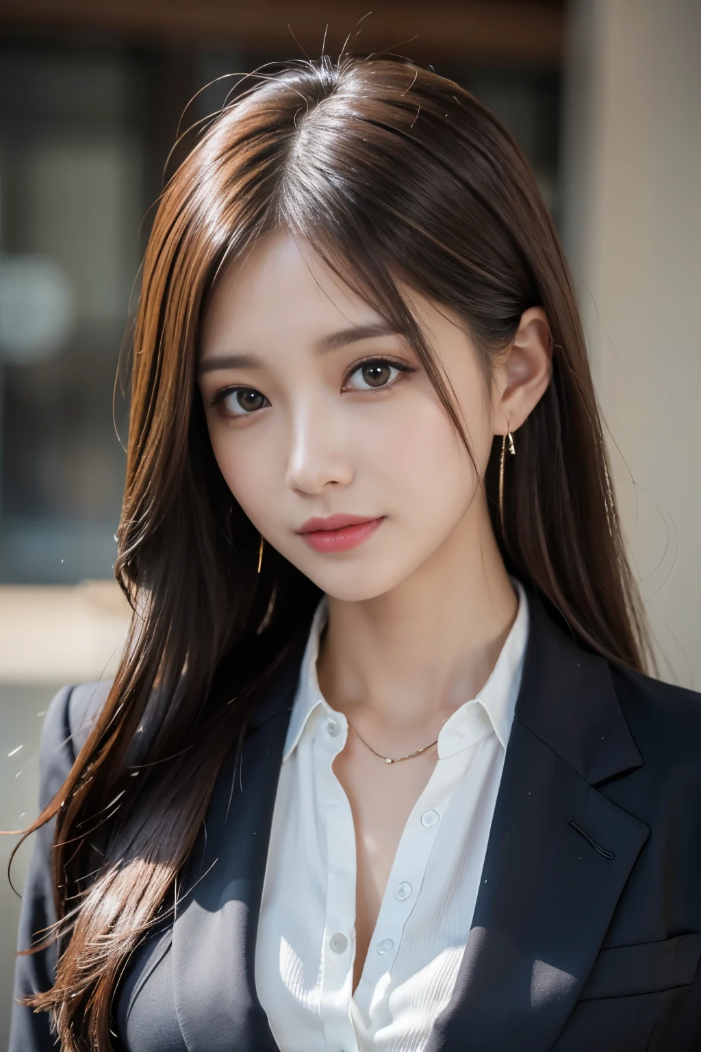 ulzzang-6500-v1.1,(8K, Best Quality, Masterpiece: 1.2),table top, highest quality, realistic, super detailed, finely, High resolution, 8k wallpaper, 1 beautiful woman,, light brown messy hair, wearing a business suit, sharp focus, perfect dynamic composition, detailed and beautiful eyes, fine hair, Detailed and realistic skin texture, smile, close-up portrait, model body shape