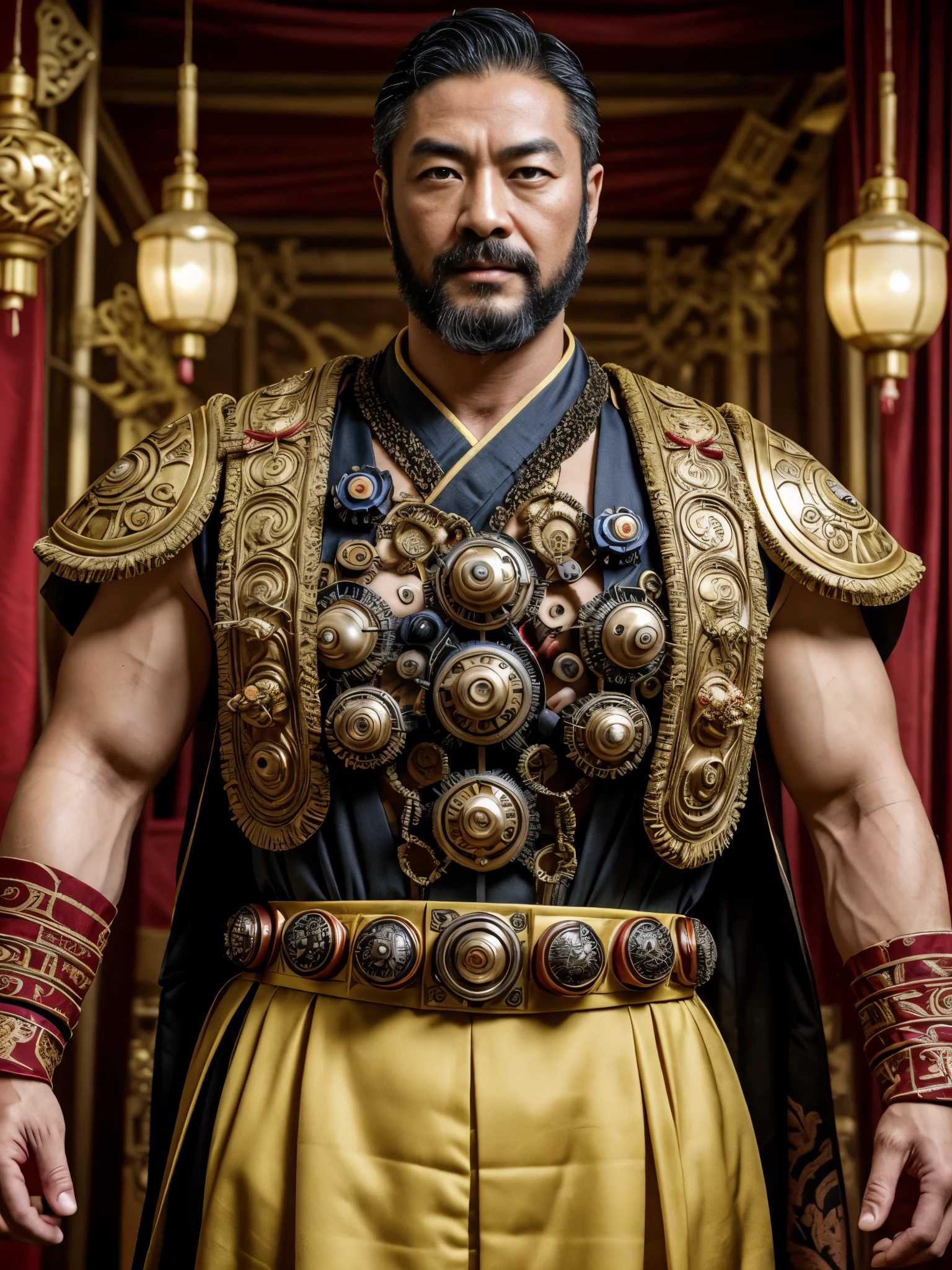 photo of a handsome 40 year old chinese man, emperor, silk4rmor, wearing silkpunk royal hanfu robe with intricate design, science fiction, silkpunk fantasy background, ancient east asian theme, dynamic pose, indoors, royal palace, face portrait, (close-up:1.2), mechanical, gears, beard, muscular, dynamic pose, dynamic angle, dynamic movement, realistic, masterpiece, intricate details, detailed background, depth of field