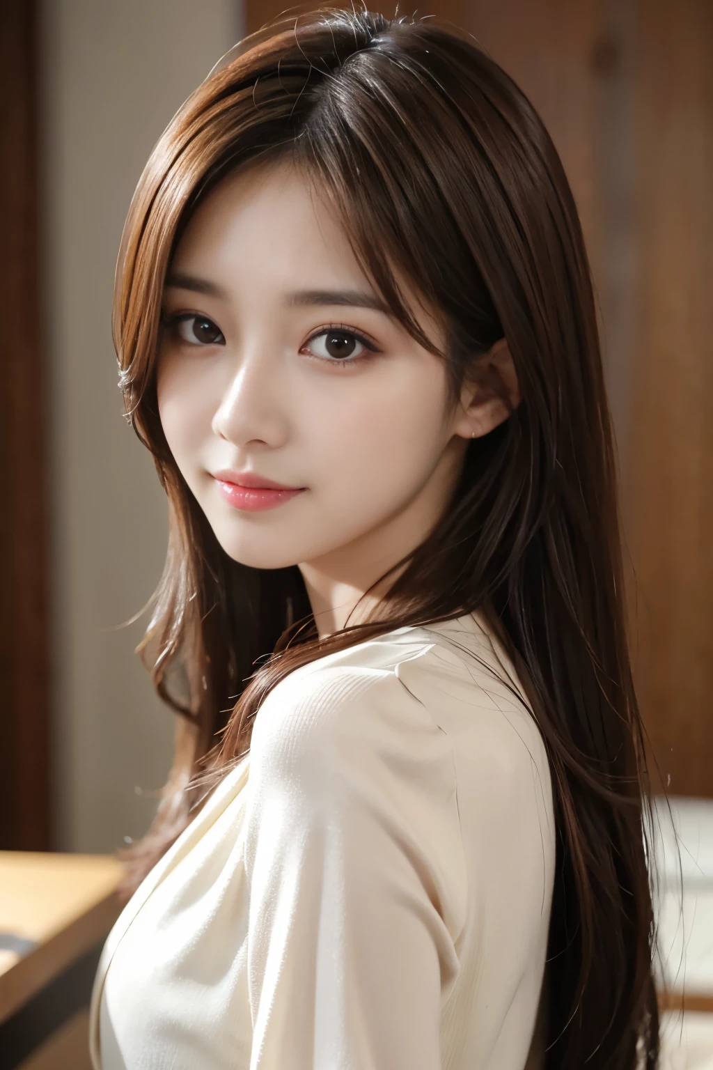 ulzzang-6500-v1.1,(8K, Best Quality, Masterpiece: 1.2),table top, highest quality, realistic, super detailed, finely, High resolution, 8k wallpaper, 1 beautiful woman,, light brown messy hair, wearing a business suit, sharp focus, perfect dynamic composition, detailed and beautiful eyes, fine hair, Detailed and realistic skin texture, smile, close-up portrait, model body shape