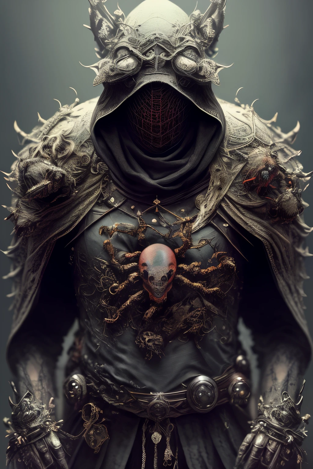 sitting on the throne, king of the dead with a crown of bones, black web robe, web, spiders on armor, with a black blade in his hand, fantasy, dramatic photo, dynamic photo, full body view, model poses, blurred background, highly detailed, ultra-realistic, 8k, (realistic:1.3), poster, intricate details, painting \(artwork\), ((masterpiece,best quality)), ((cinematic light)), hyperealistic, fearsome, dark fantasy \(style\), detailed armor, detailed spider helmet, spider head, eight hands, eight eyes, terrible, scary, ugly, (dark shot:1.17), epic realistic, faded, ((neutral colors)), art, (hdr:1.5), (muted colors:1.2), hyperdetailed, (artstation:1.5), cinematic, warm lights, dramatic light, (intricate details:1.1), complex background, (rutkowski:0.8), (teal and orange:0.4)