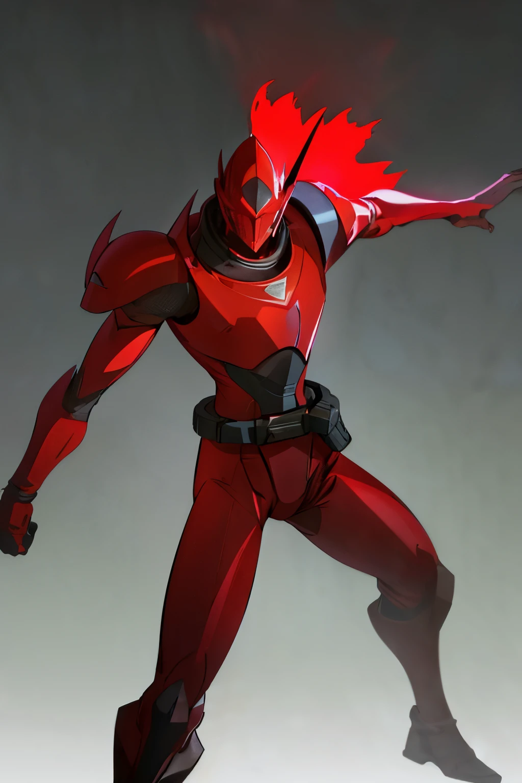 red armored small man with a sleek design, wearing a human face-shaped helmet, striking a battle posture. The man's face has a serious expression, resembling the character Zero from the Megaman series. The armor is detailed and shines in a vibrant red color. The overall style is a fusion of futuristic and fantasy elements, reminiscent of Dungeons and Dragons NPCs. The man stands in a dynamic pose, ready for action. Its armor reflects the light, adding a touch of realism to the scene. The color palette is dominated by shades of red, conveying power and intensity.